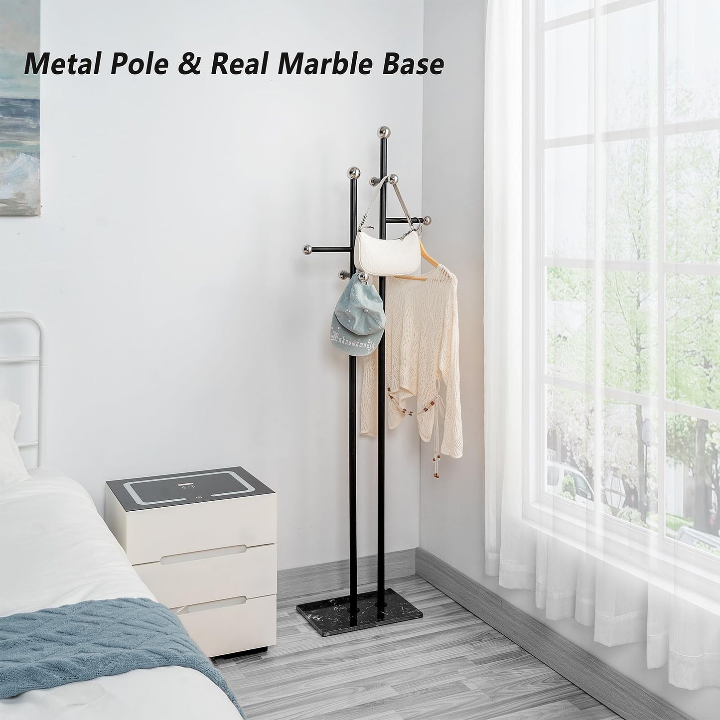 JIAYUEJU Coat Rack Freestanding with Marble Base, Heavy Duty Metal Clothes Rack, Corner Coat Tree Hat Rack for Entryway Bedroom Living Room Hotel 14.96 x 10.24 x 68.9 Inches (Black)