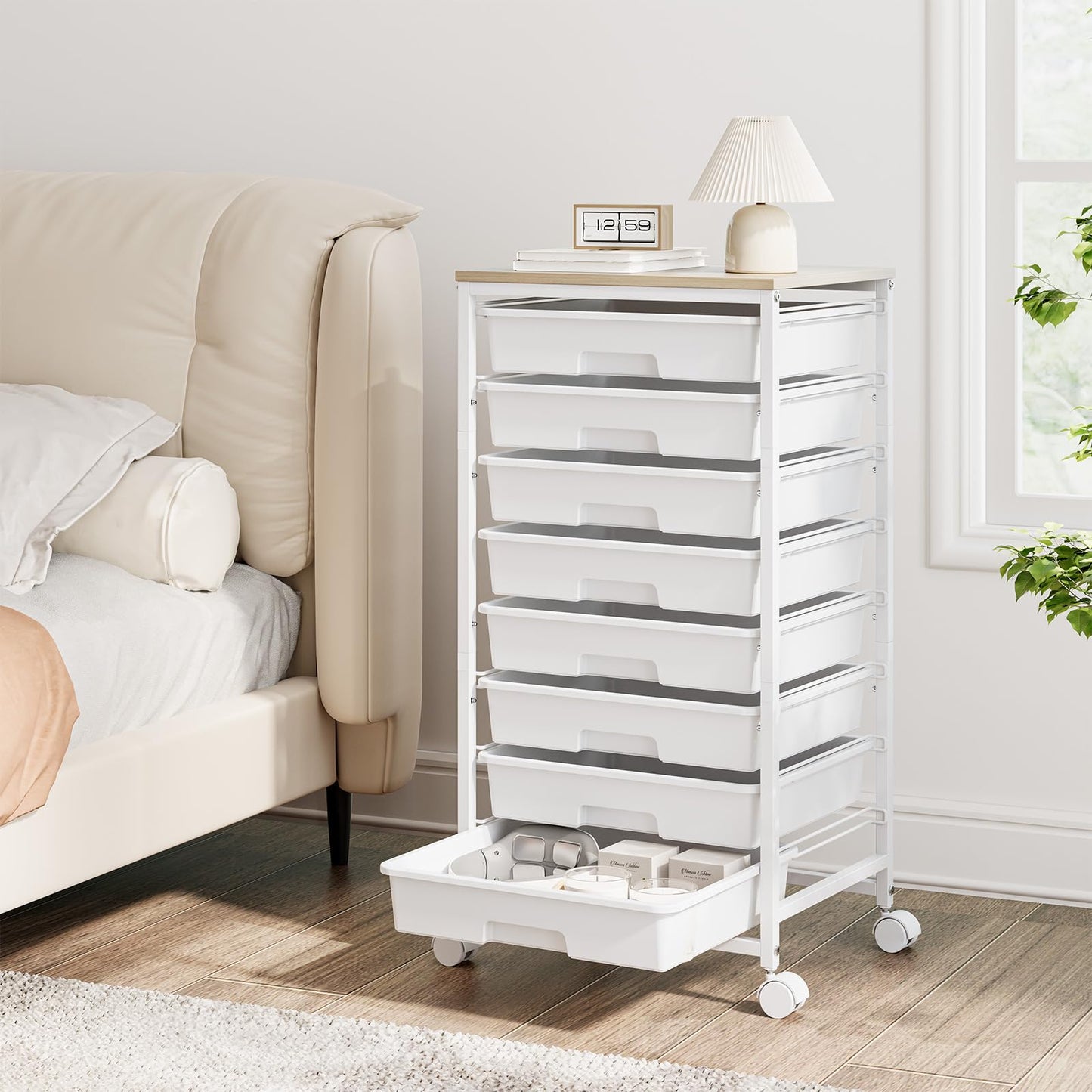 Storage Cart with 8 Drawers, Utility Cart with White Drawers and Wooden Tabletop, Craft Cart, Teacher Organization for Classroom,White