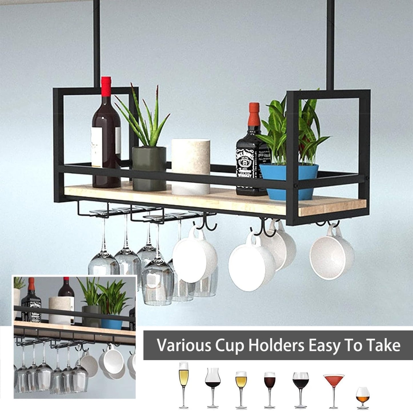 GYRHNNP Wall Mounted Wine Glass Holder - Metal Ceiling Hanging Wine Rack & Floating Bottle Shelf for Kitchen, Bar, Cafe - Stylish Storage Solution (Size: 100x30x60cm)