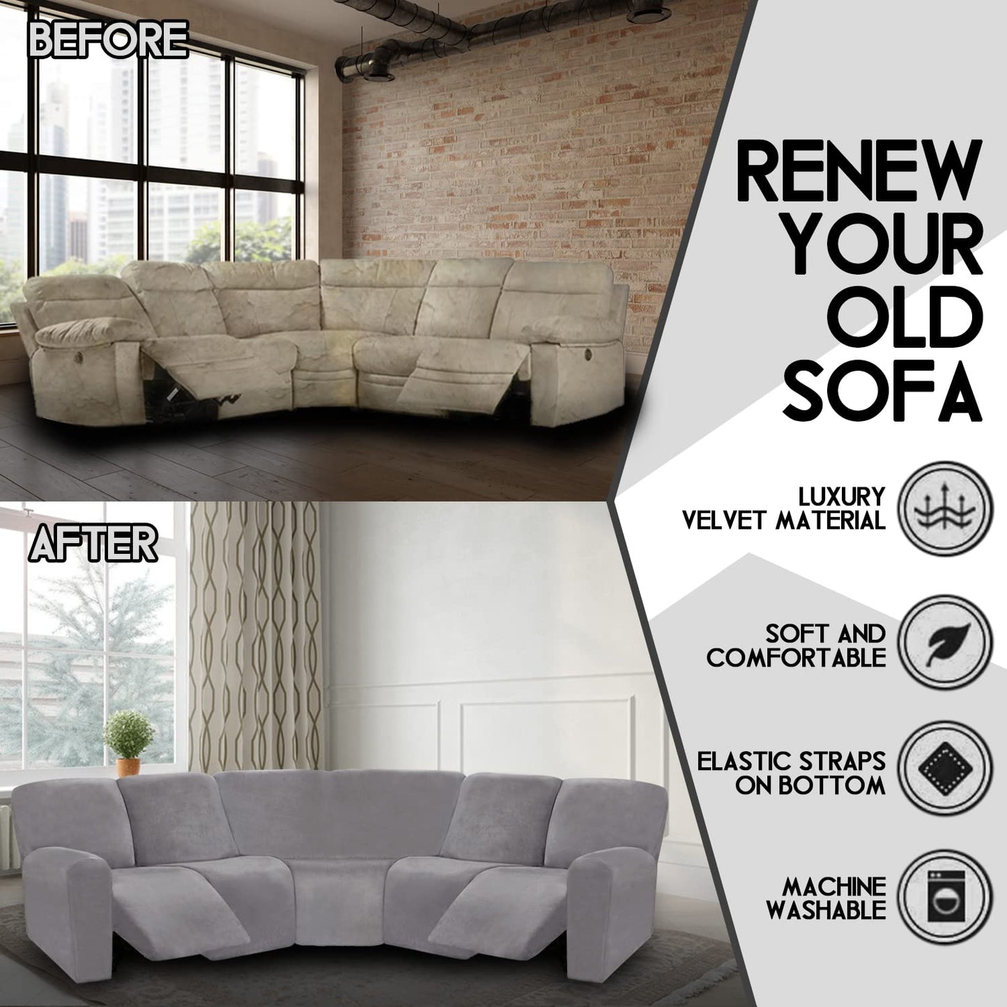 ULTICOR 7-Piece L Shape Sectional Recliner Sofa Covers, Velvet Stretch Reclining Couch Covers for Reclining Sofa, Thick, Soft, Washable (Light Gray, 5 Seat Recliner Cover)
