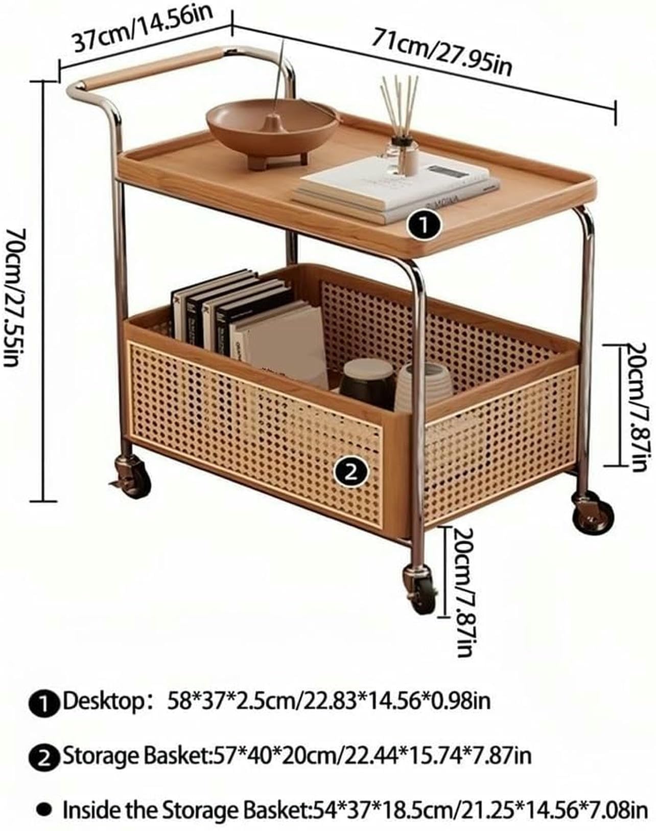 MNJVCFDS Rattan Side Table with Wheels Rolling 2-Layer Coffee Table Storage End Table Rattan Basket Wood Frame for Living Room Bedroom Long Lasting