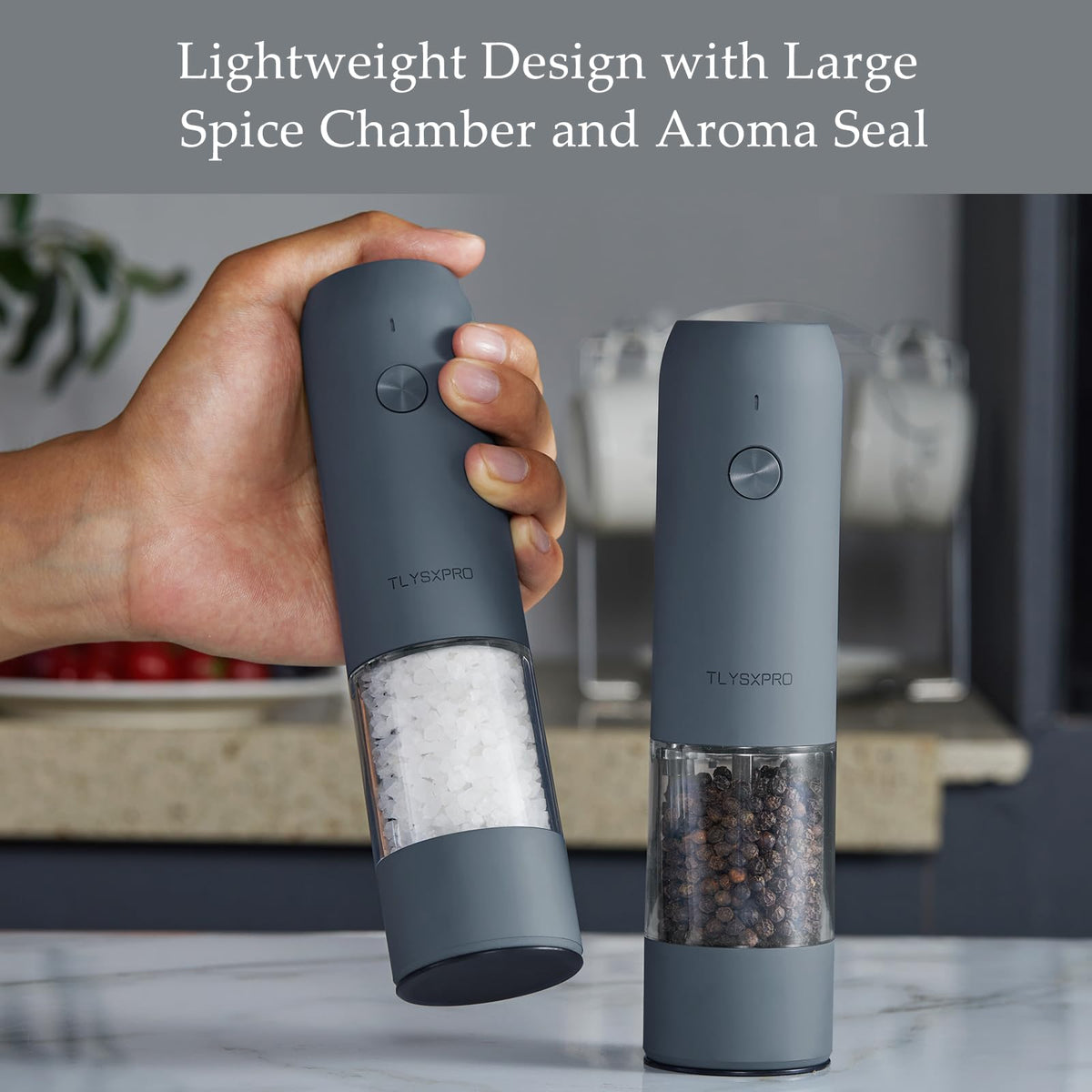 TLYSXPRO Electric Salt and Pepper Grinder Set with USB Rechargeable, Automatic One Hand Operation with Adjustable Coarseness, Pepper Mill Grinder Refillable with LED Light (2 Packs, Blue-Grey)