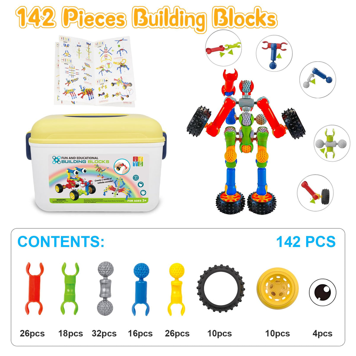 Caferria Building Blocks STEM Toys for 3 4 5 6 7 8+ Year Old Boy Girl Birthday Gift, 142 Pcs Building Toys for Preschool Classroom Educational Toy Building Sets Creative Activities for Kids