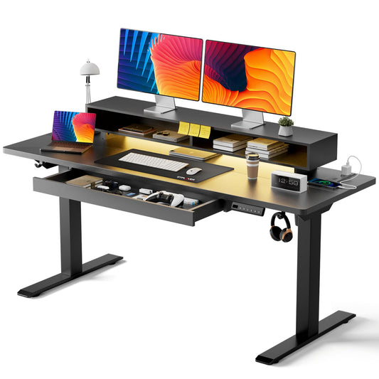 GTPLAYER Electric Standing Desk with Drawers, 55 x 24 Inch Height Adjustable Gaming Desk with Monitor Stand, Power Outlets & LED Lights, Home Office Sit Stand Up Desk with Memory Preset (Black)