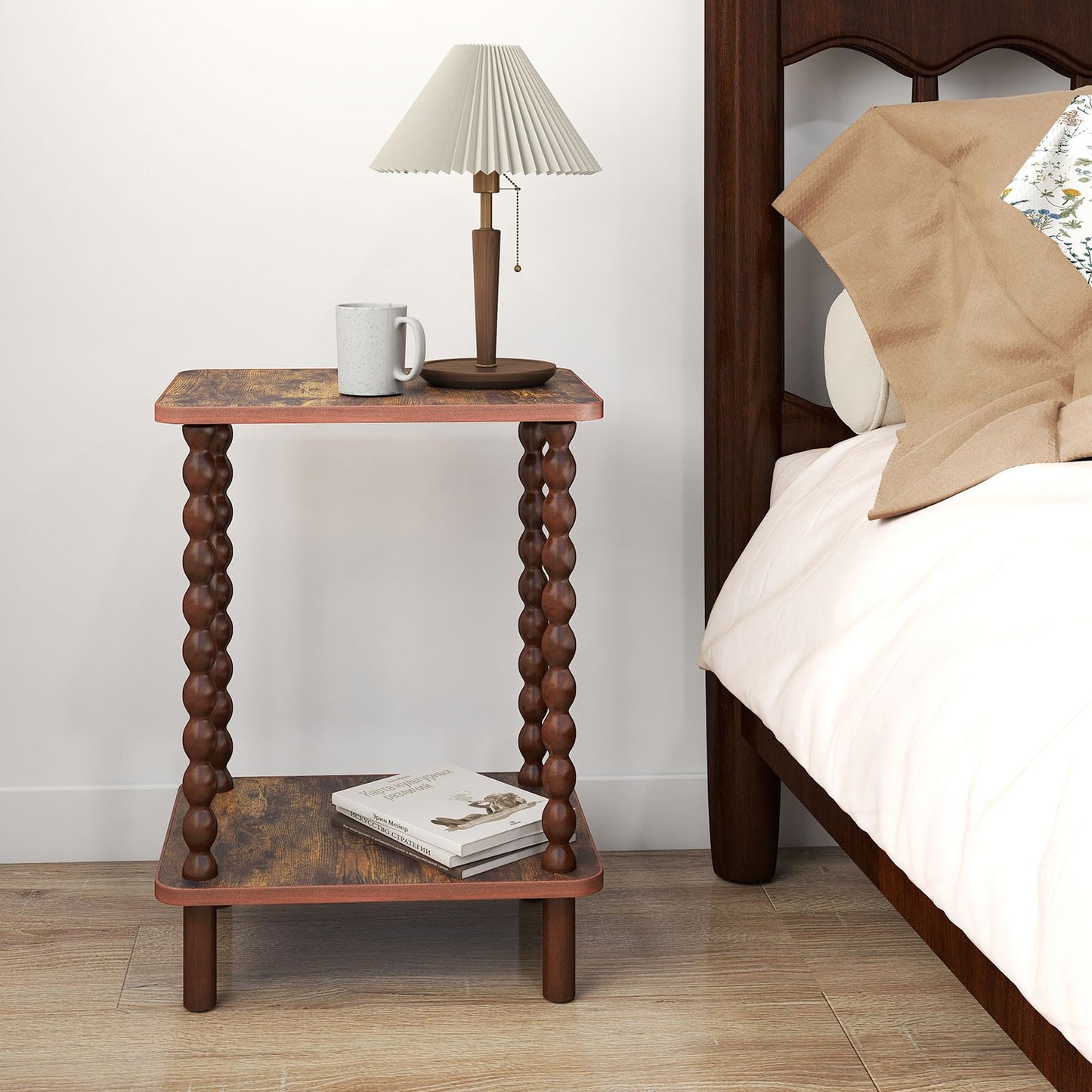 Funecy 2-Tier End Table,Vintage Side Table,Solid Wood Bedside Table with Storage Rack,for Living Rooms, bedrooms, and Narrow Spaces (Rustic Brown)