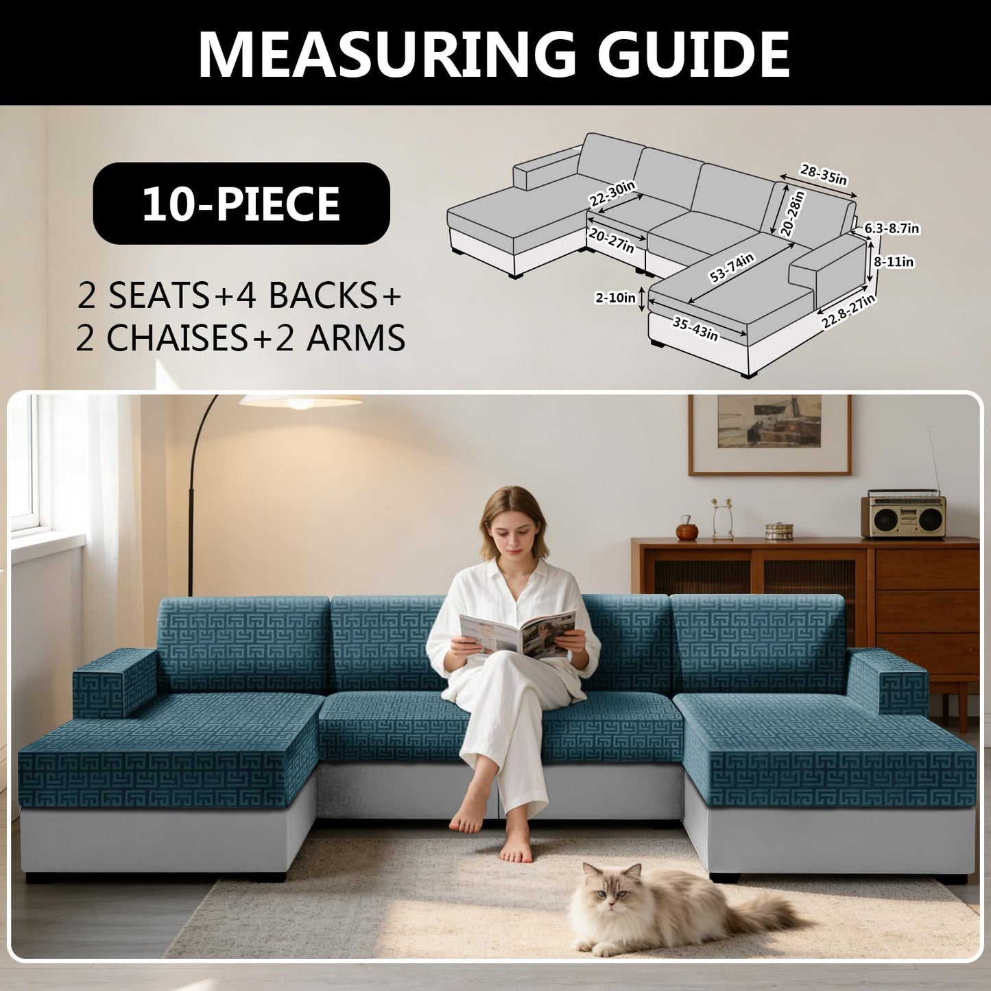 UNBBRRL 10 Pieces Stretch Sofa Cushion Covers for U-Shaped Modular Sectional Couch with 4 Seats+4 Backs+2 Arms, Upholstered Covers for Sofa Bed with Deep Double Chaise (Blue,10 Pieces Set)