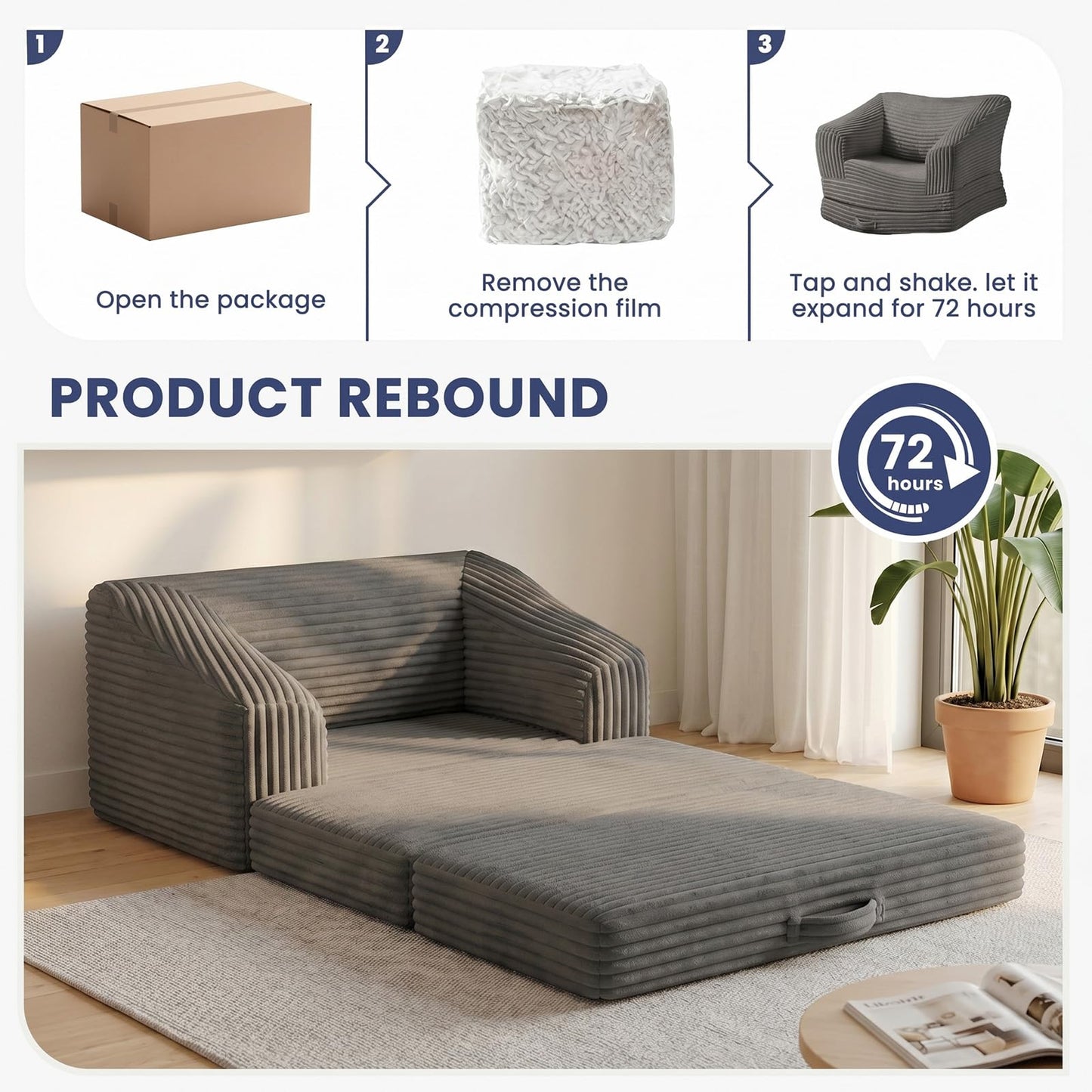 AOLVDOW Convertible Folding Sofa Bed, 2-in-1 Single Boneless Sofa with Soft Corduroy & Ultra-Thick Backrest, Foldable Boneless Chair Lounger Sleeper Sofa for Small Apartment, Living Room, Home Office