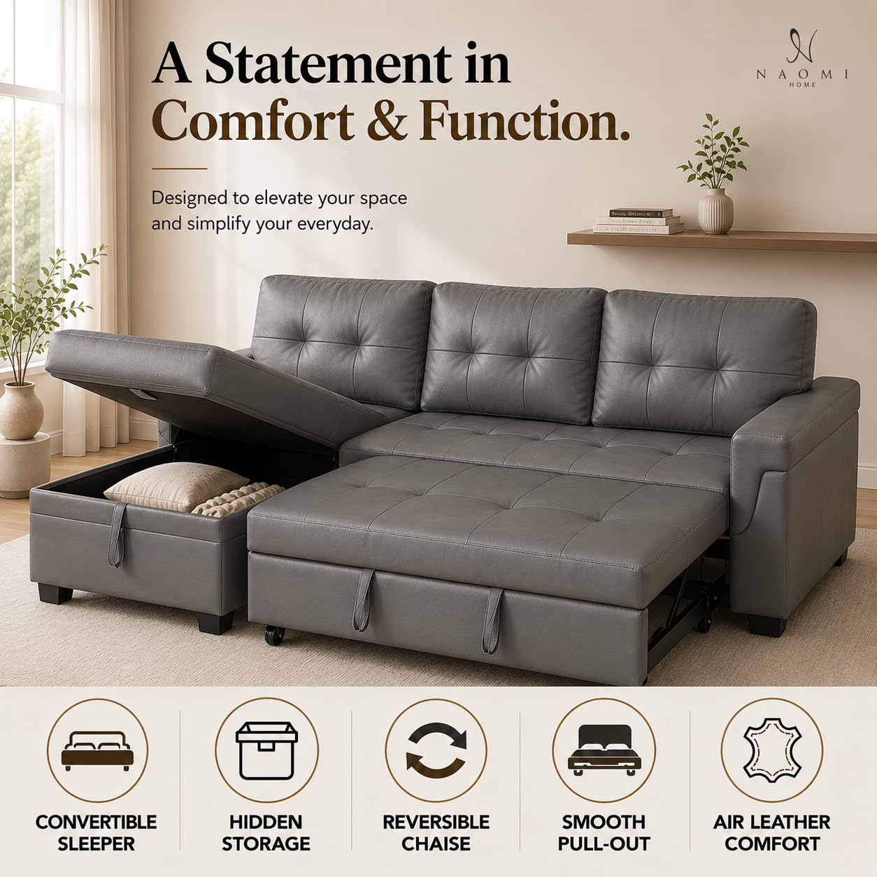 Naomi Home L Shaped Sectional Couch with Storage & Pull Out Bed – 3-in-1 Convertible Sleeper Sofa Bed, Small L Shape Sofa for Living Room, Sofa Bed with Storage Chaise in Gray, Air Leather
