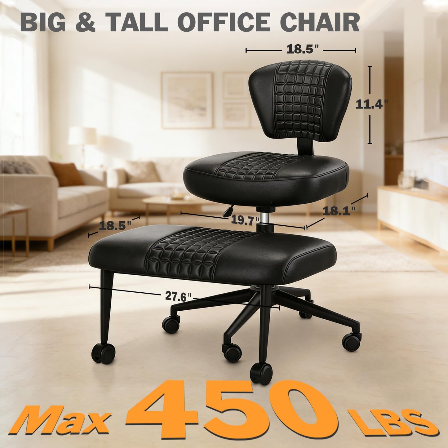 Ergonomic Cross Legged Office Chair with Footrest, 360° Swivel Height Adjustable PU Criss Cross Chair, Wide Seat & Back Support for Home Office, ADHD, Black