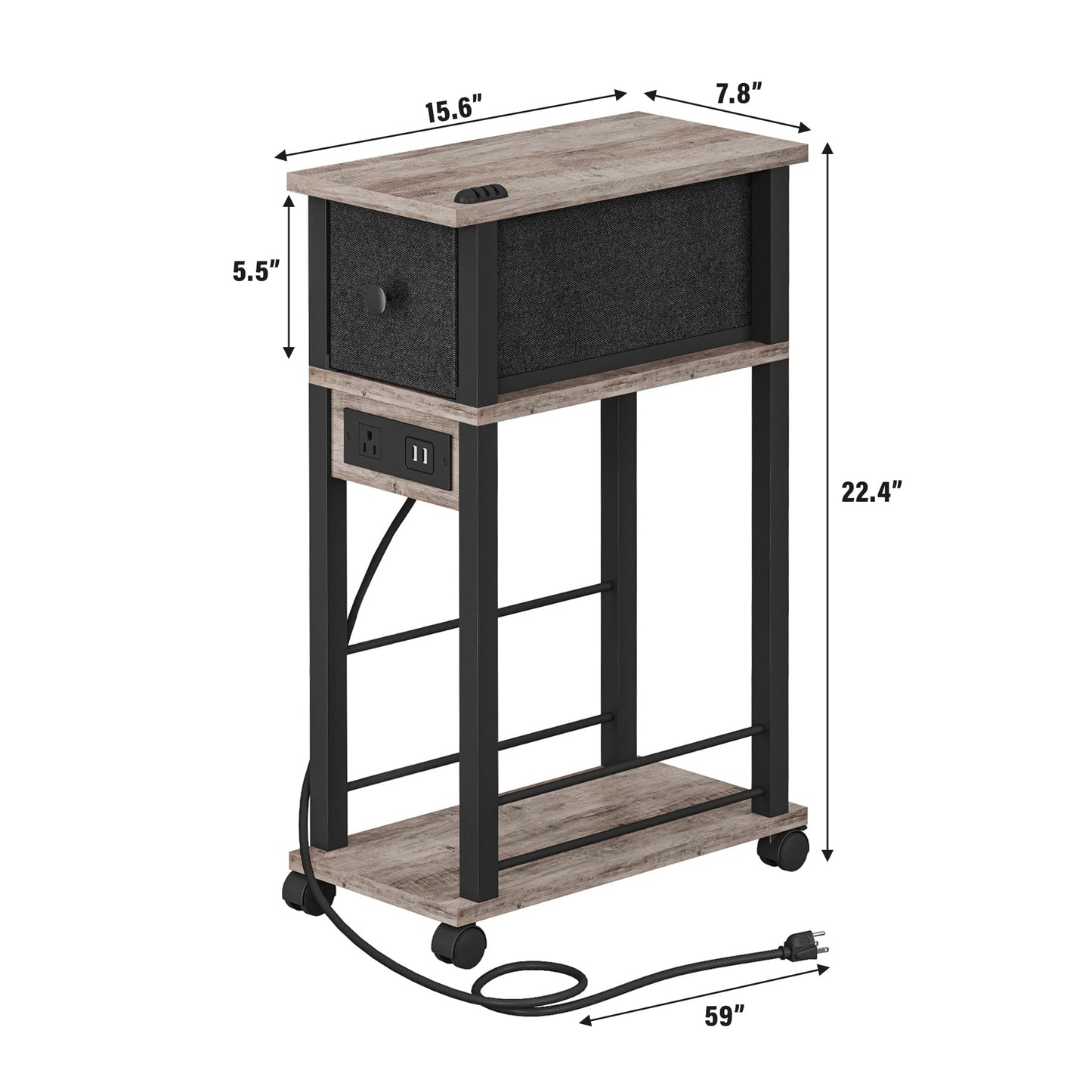 DGSANDGO Narrow Side Table (1PC) - Grey & Black Two-Tone End Table with Charging Station Drawer & 4 Wheels, Personalized Mobile Storage Nightstand for Bedroom Living Room (1 AC + 2 USB Ports)