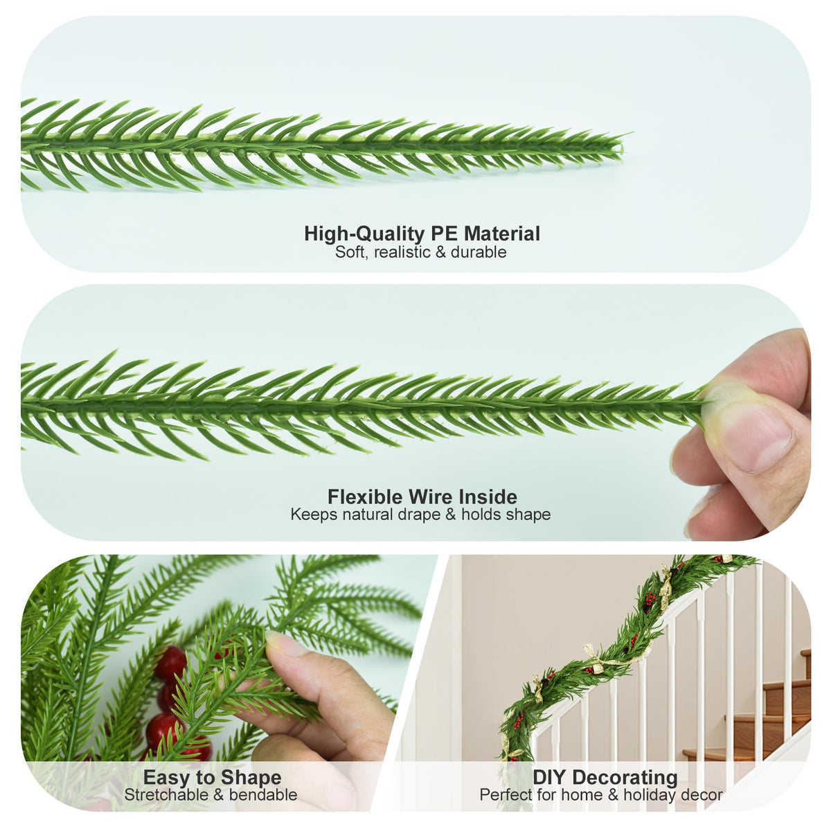 6 FT Christmas Norfolk Pine Garland Real Touch Artificial Greenery Garland Faux Pine Garlands for Mantel Fireplace Table Stairs Indoor Outdoor Christmas Decor, Bonus Gold Ribbon with LED Lights