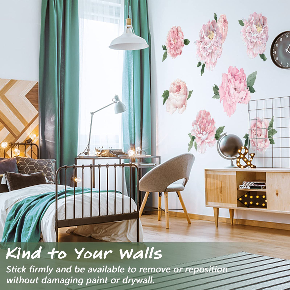 Pink Peony Wall Stickers for Nursery Wall Decor Flowers Wall Decals Peel and Stick Kids Floral Decals for Girls Bedroom Living Room Nursery Wall Decor