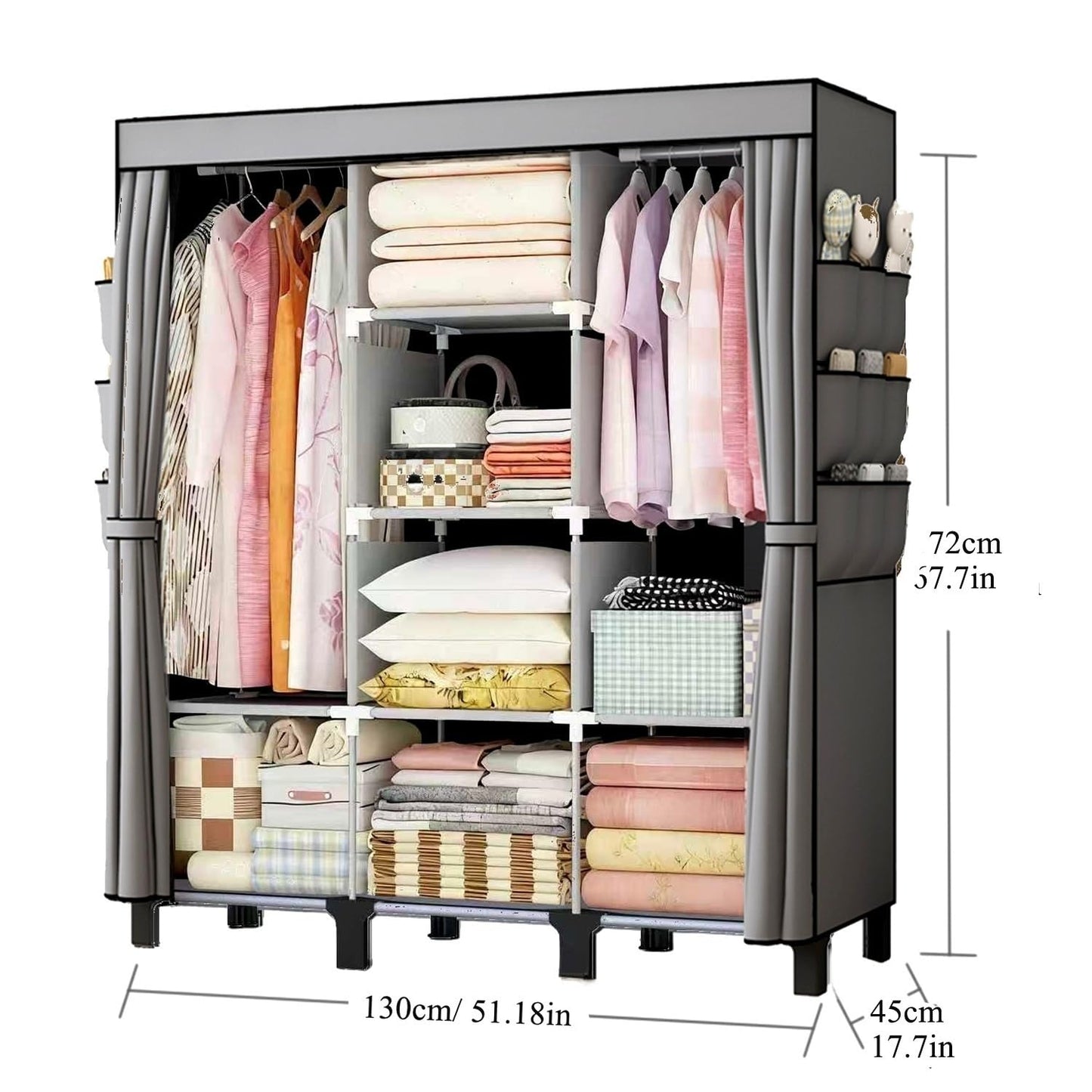 oumylovelsc Portable Wardrobe, Easy Hanging Closet 6 Side Pockets Large Capacity Clothes Organizer Comes with 2 Hanging Poles and Shelves, Width 130cm, Depth 45cm, Height 172cm (Grey)