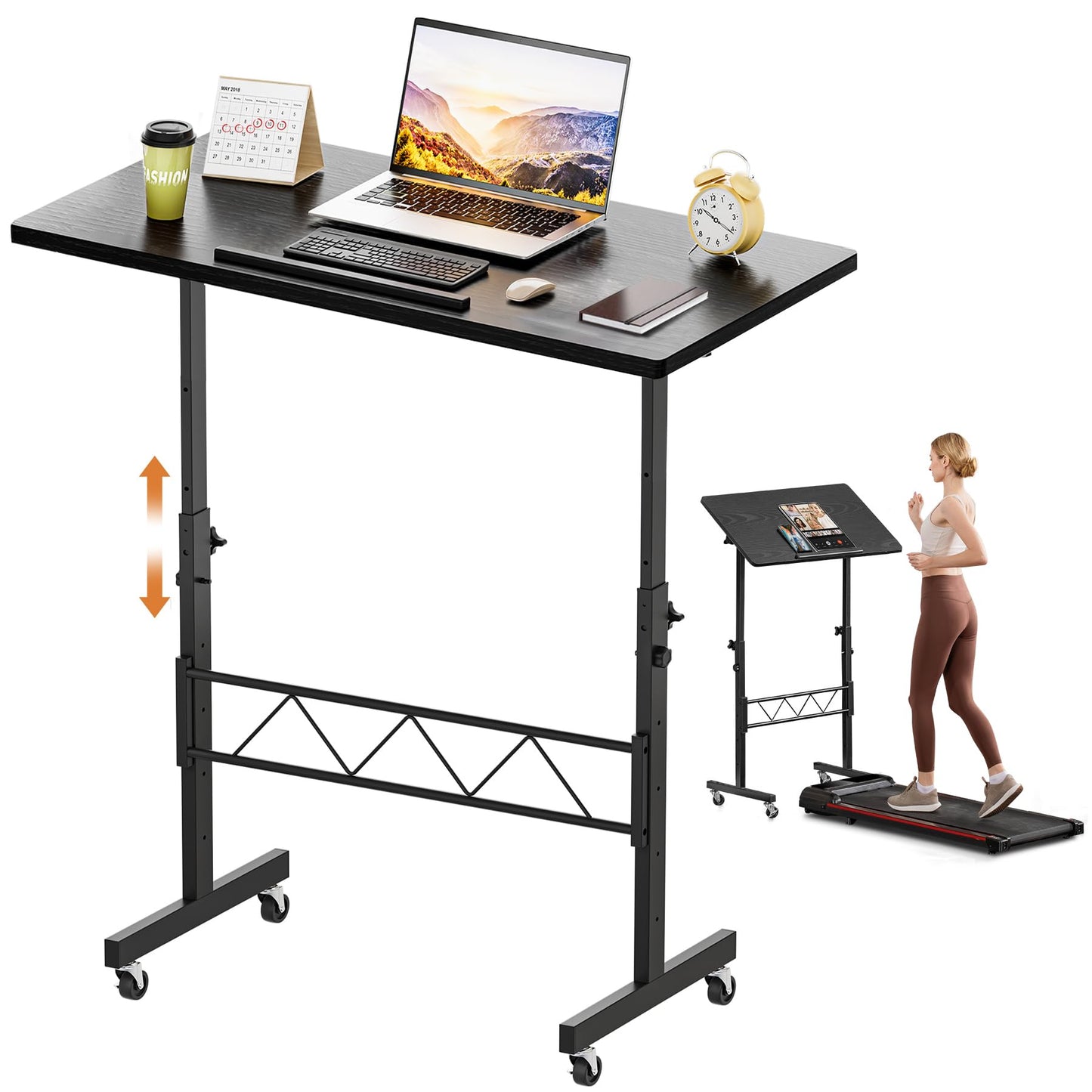 COMHOMA Standing Desk Adjustable Height & Tiltable Tabletop, Portable Stand Up Desk for Laptop, Mobile Folding Desk for Home Office Work and Walking Pad Treadmill, Height 30.7"-46.4", Black