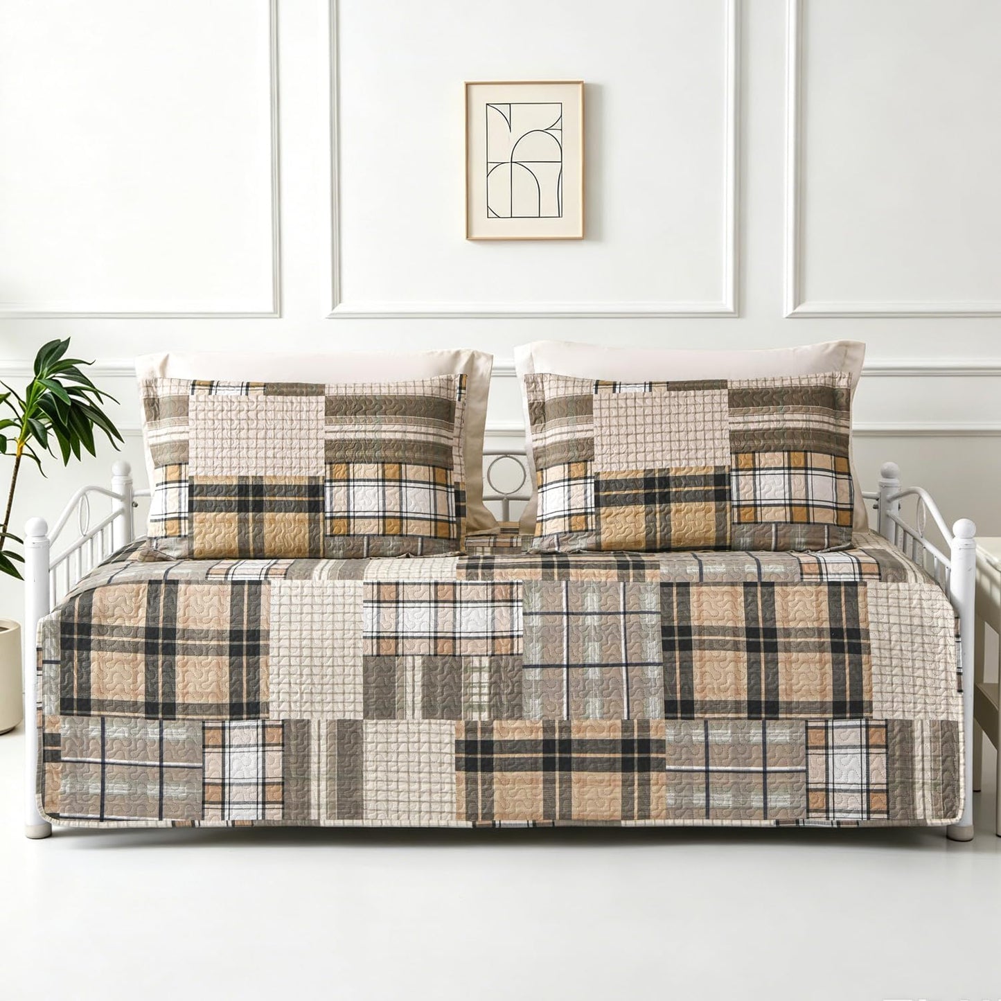 Jarson 3 Pcs Plaid Daybed Cover Set Twin Size Brown Beige Sofa Cover Double Side Bed Set Classic Patchwork Bedding Sets Daybed Quilt Set with Pillow Shams