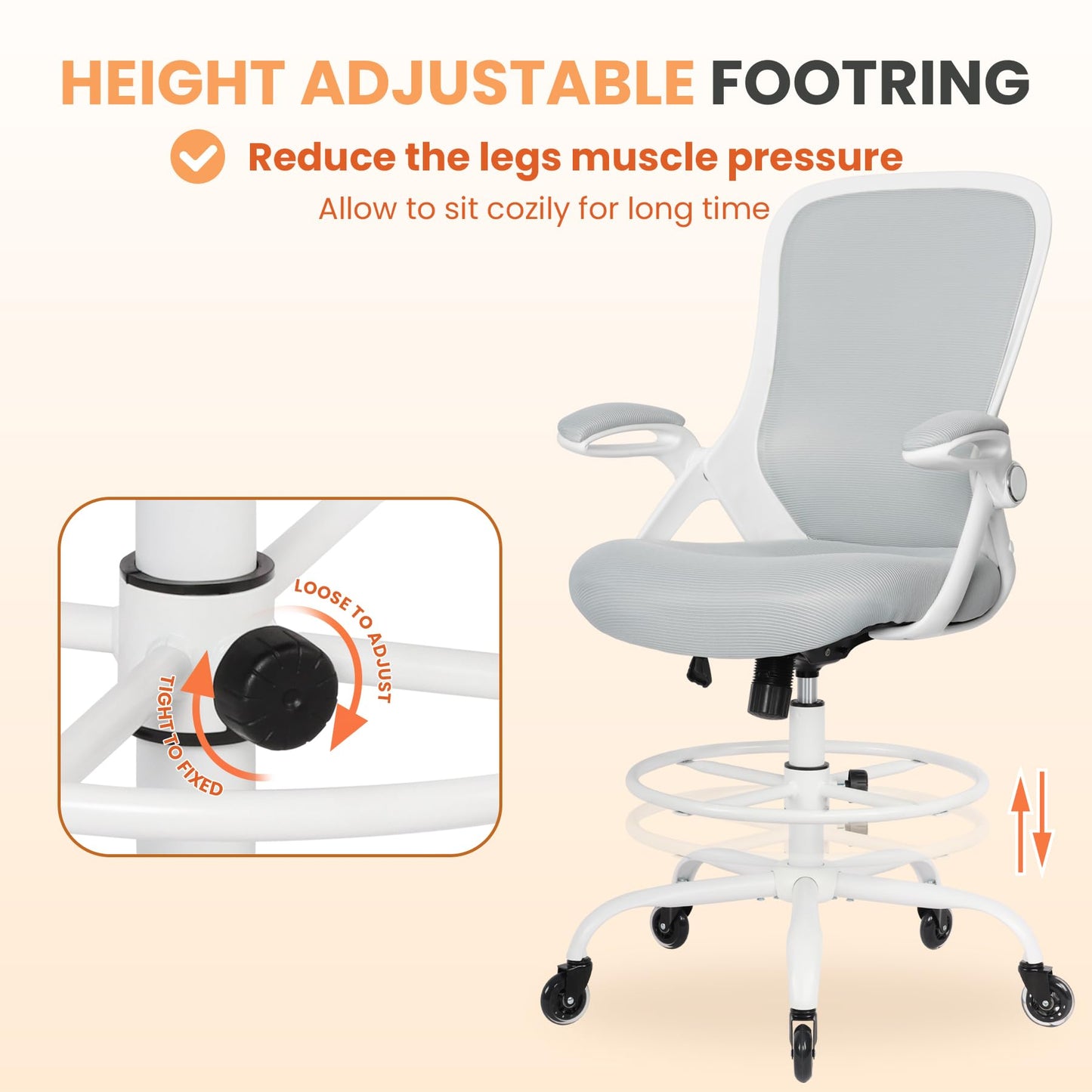 HYLONE Drafting Chair Tall Office, Ergonomic Standing Desk Stool Adjustable Drafting Chair Big Tall Drafting Office Chair White