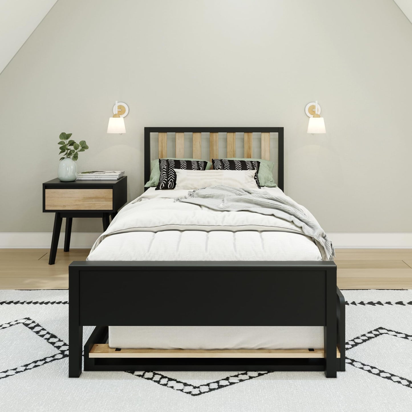 Max & Lily Scandinavian Panel Bed (Twin), Slatted Headboard, with Trundle, Black/Blonde
