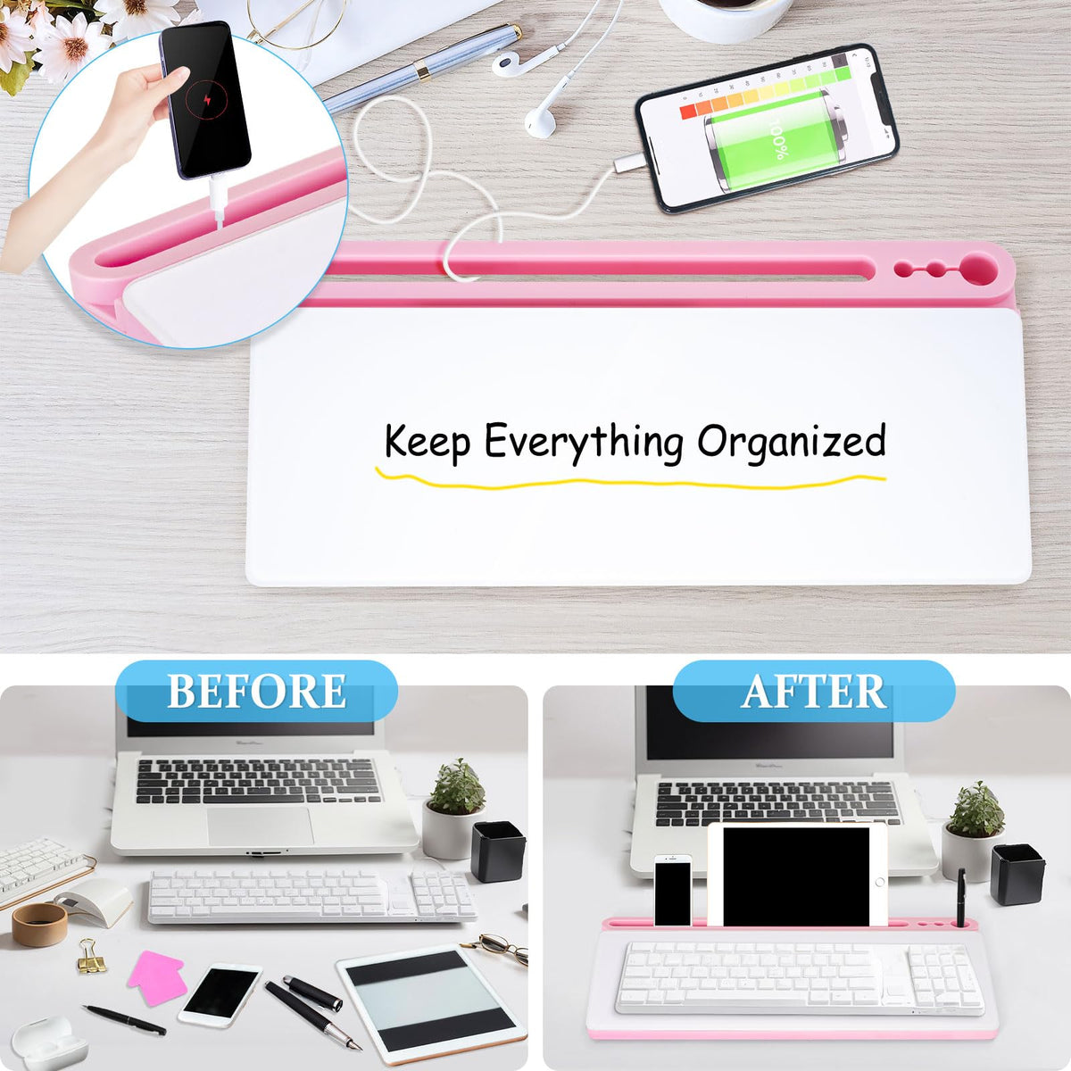 DOLLAR BOSS Glass Desk Whiteboard Small Dry Erase Board Desktop White Board with Storage Drawer Computer Keyboard Stand Desk Organizer Office Accessories School Supplies with 4 Markers 1 Eraser, Pink
