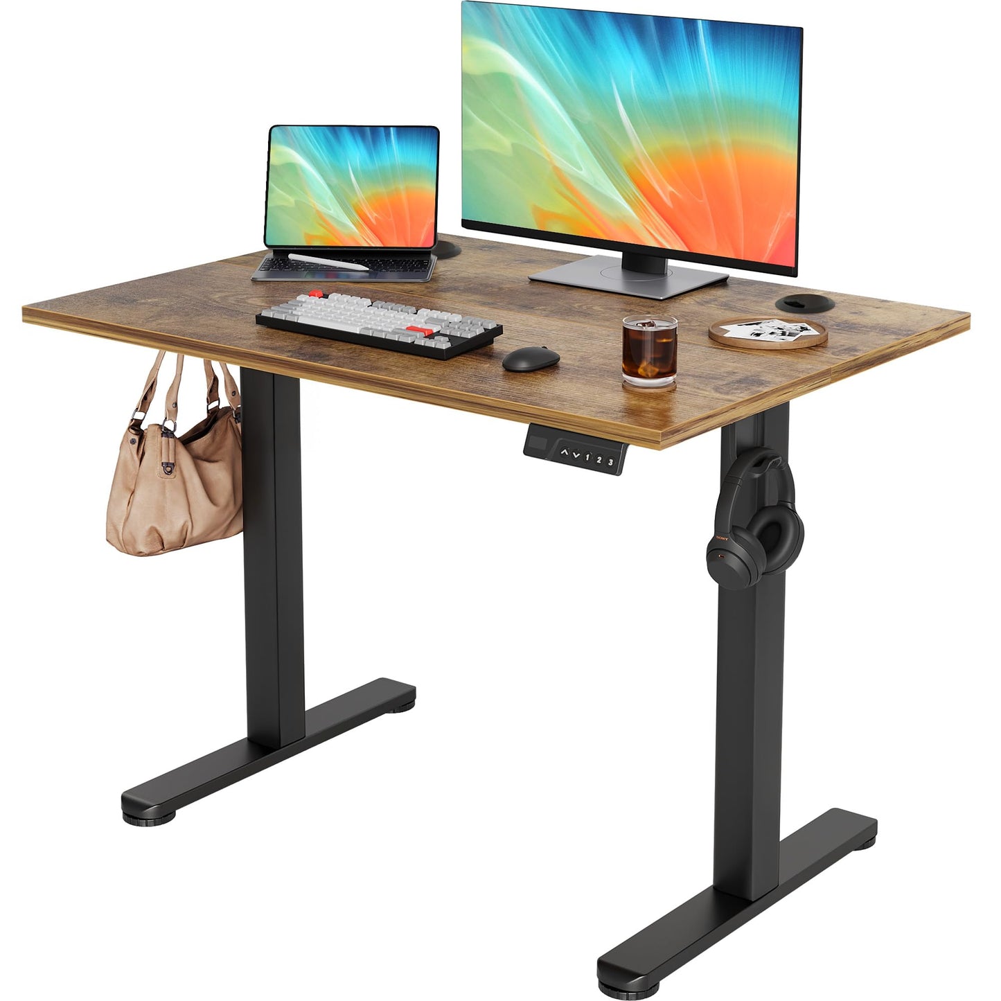 YDN Electric Standing Desk Adjustable Height, 40 x 24 Inches Stand up Desk with Cable Management, Home Office Desks with Splice Board & Black Frame, Rustic Brown Top