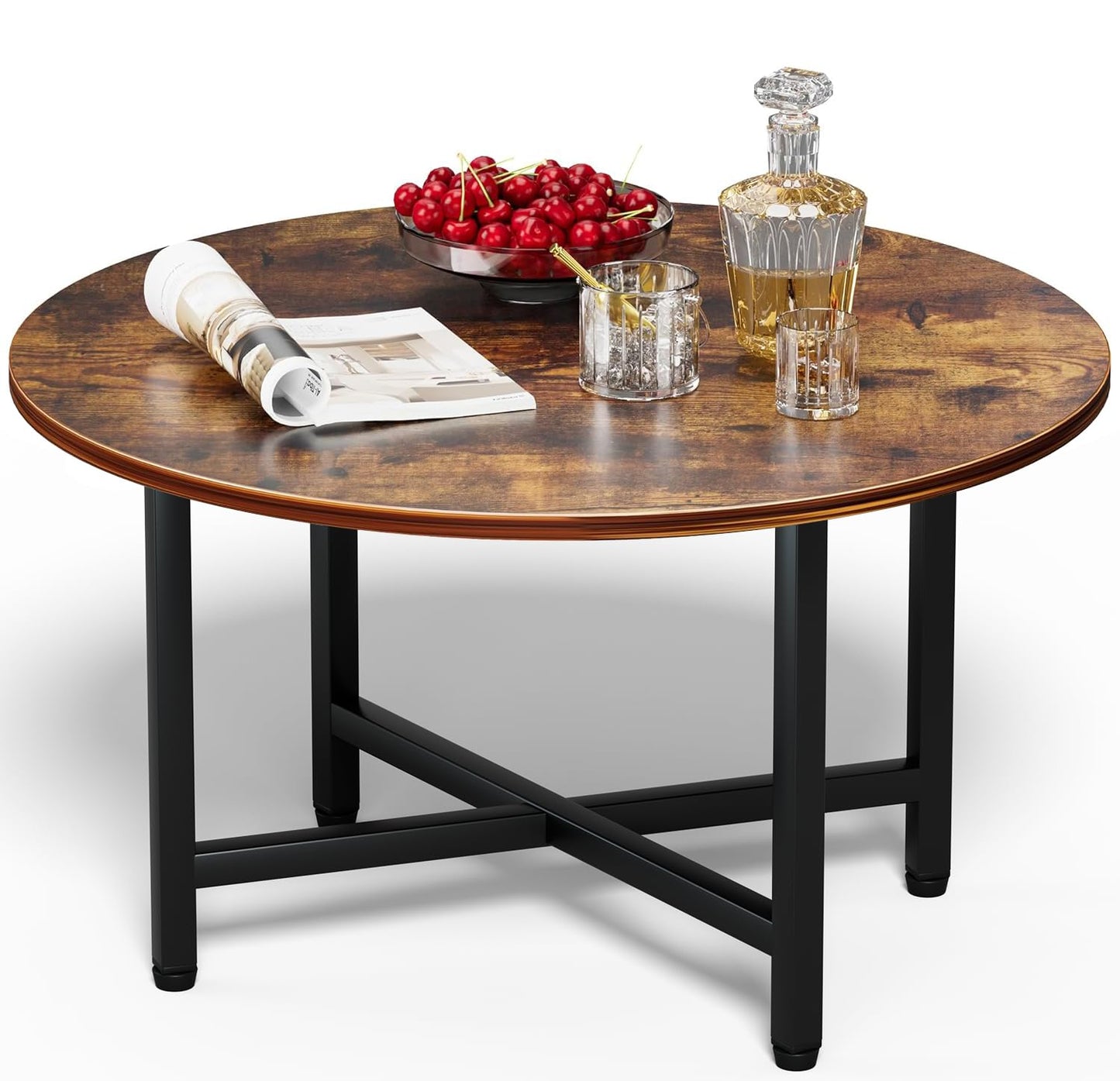 FAMIDGE Round Coffee Table, Small Coffee Tables for Living Room, Wood Coffee Table with Metal Frame, Floor Table Desk for Sitting on The Floor, Home, Office, Farmhouse, Rustic Brown (23.6"D x 17.7"H)