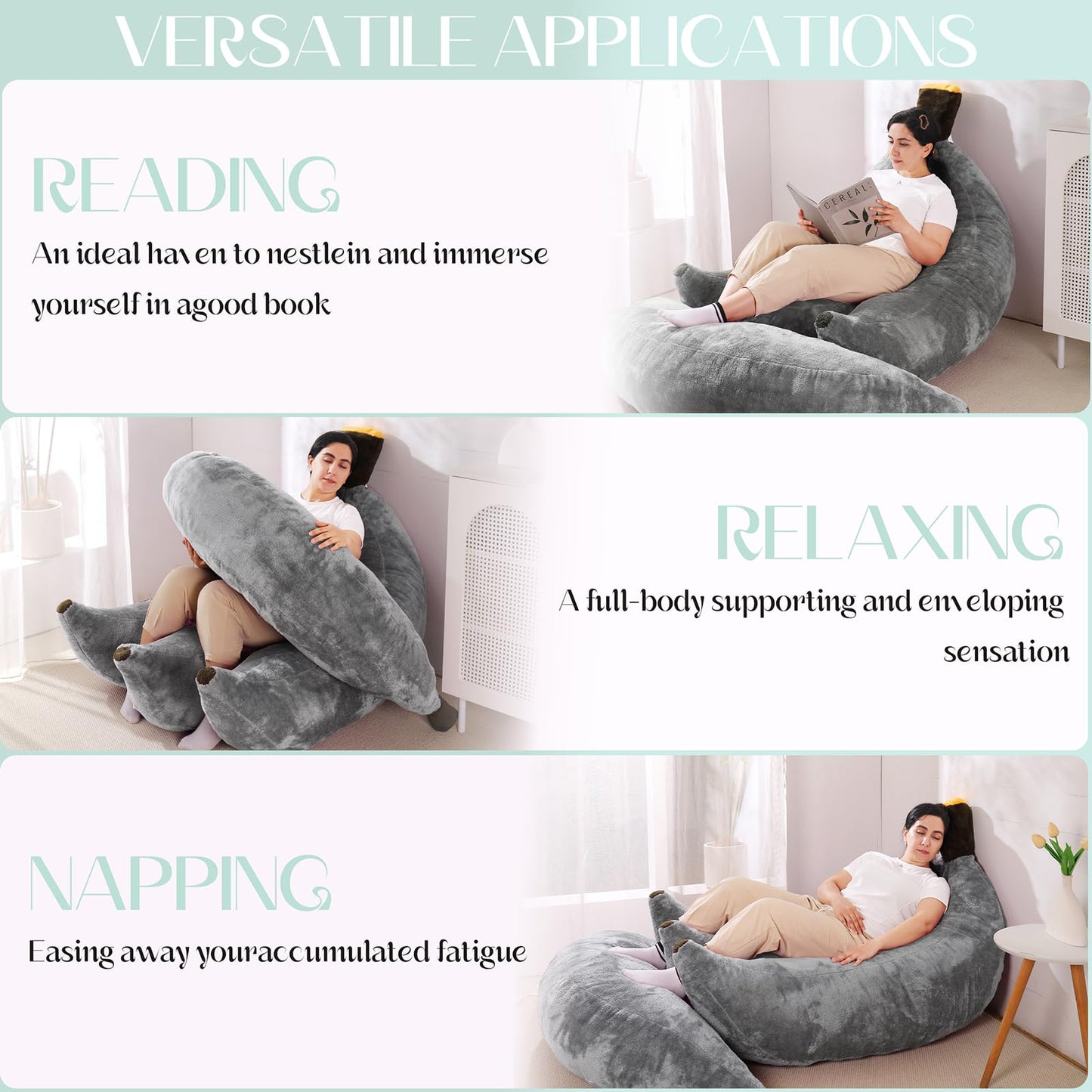 IEVENW Banana Bean Bag Chair with Ottoman, Floor Sofa Bed with Footrest, Comfy Convertible Lounger for Adults, Plush Couch for Bedroom, Living Room or Dorm, L-Grey