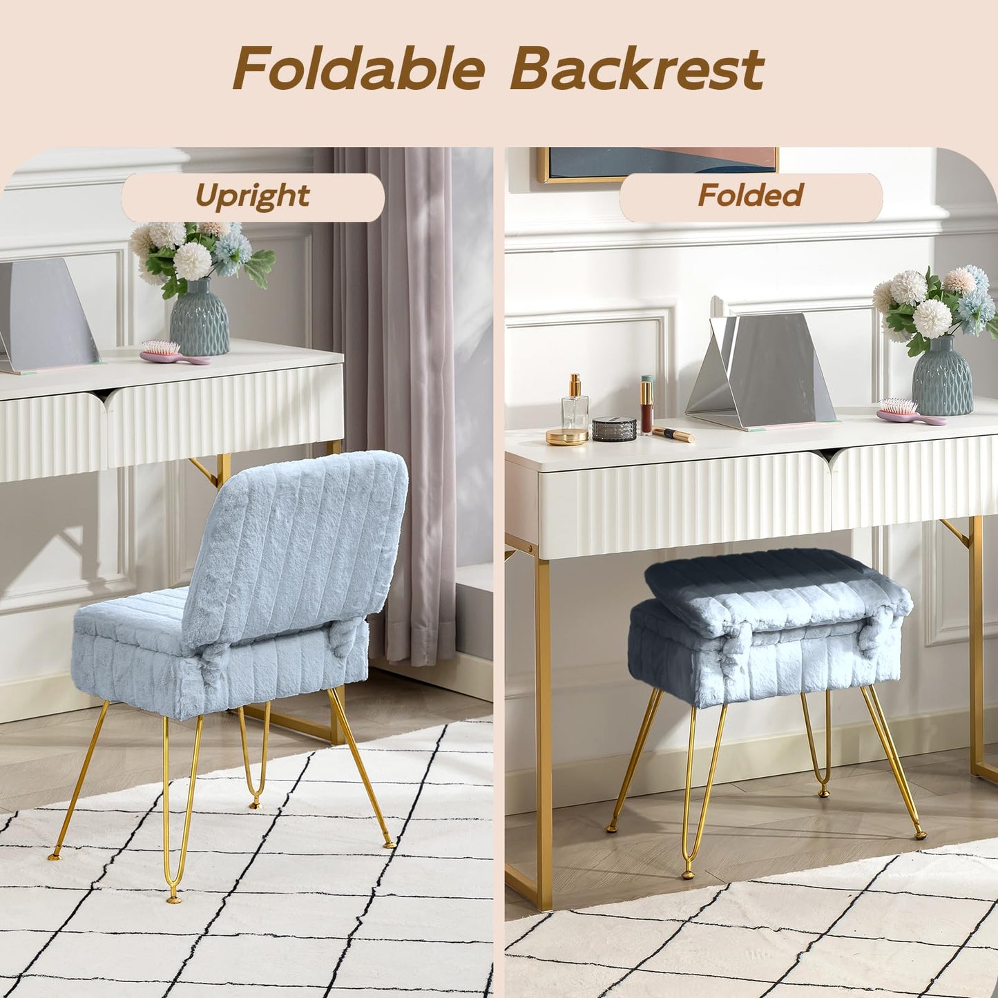 Manyday Vanity Chair with Storage, Comfy Ottoman with Folding Back, Faux Fur Vanity Stool with 4 Metal Legs for Make Up, Furry Padded Seat with Anti-Slip Feet for Bedroom Dressing Room, MistyBlue
