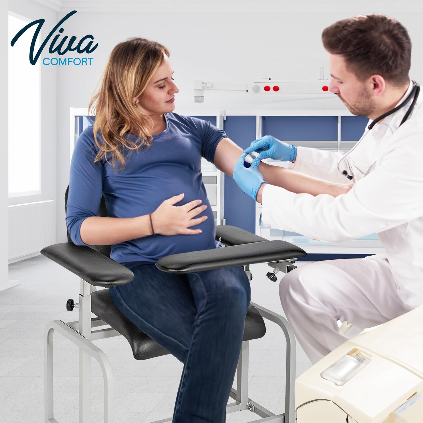 VivaComfort Black 400 lbs Weight Capacity Phlebotomy Chair with Adjustable Armrest, Blood Draw Chair, Comfortable Lab Medical Chair