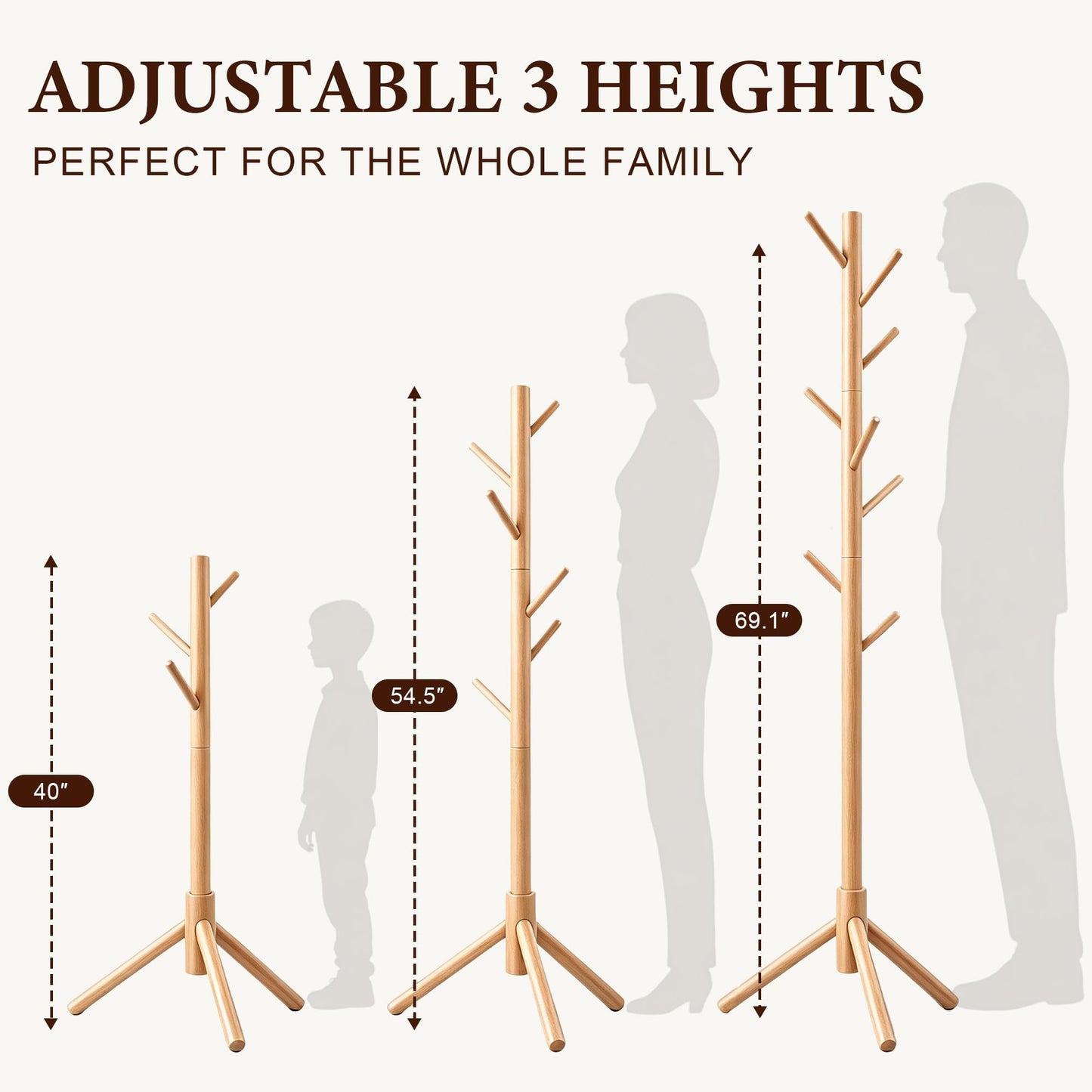 Freyawin Wooden Coat Rack Freestanding with 8 Hooks & 3 Adjustable Sizes for Clothes, Space-Saving Design for Bedroom Office Entrance Holds Hats Coats Scarves Bags