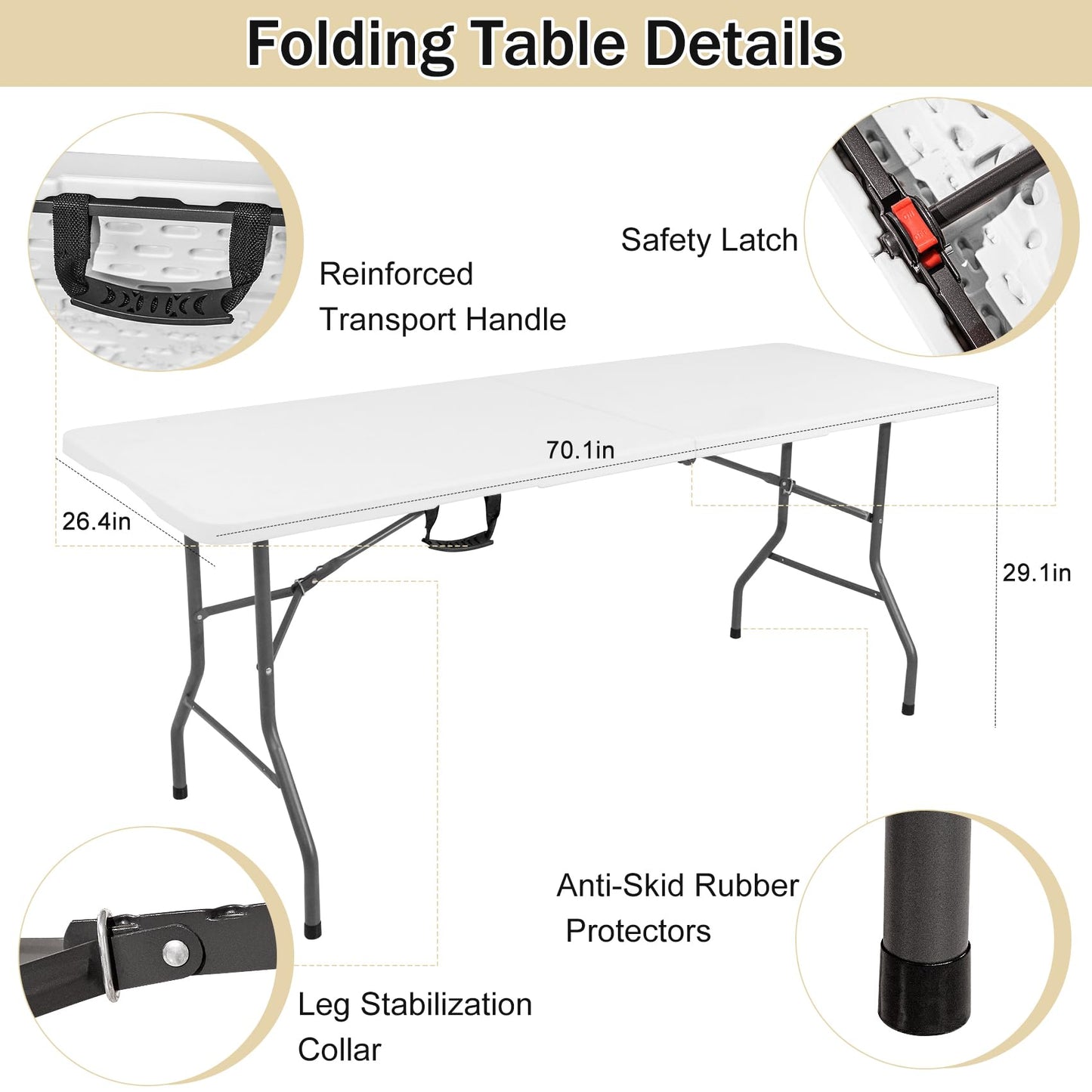 1 Set 6 FT Rectangle Folding Table with Carrying Handle, Lightweight Fold-in-Half Utility Table, with Matching White Stretch Spandex Covers, Ideal for Weddings, Parties, Camping, Banquets, Crafts