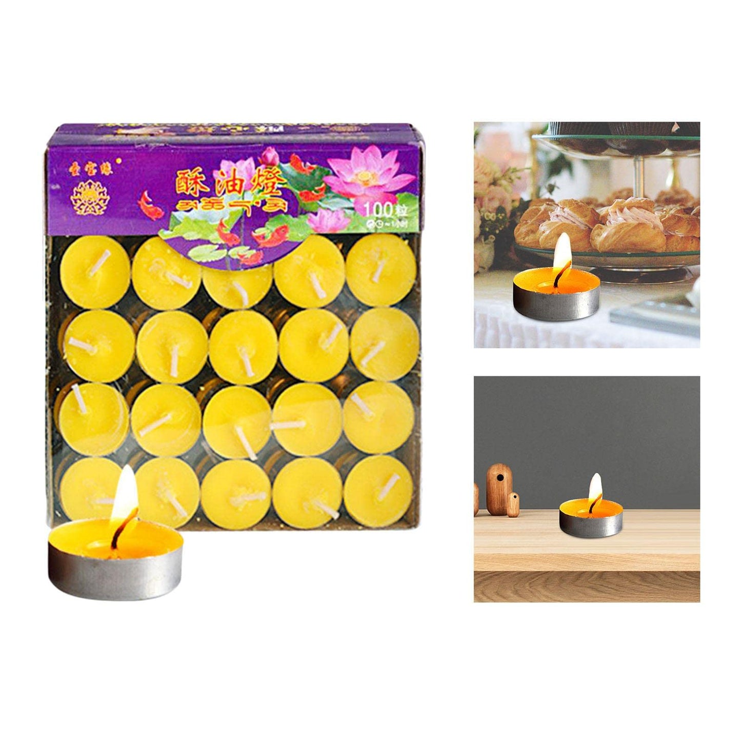Gcljlmy 100x Smokeless Round Candles 1H Long Burning Tea Light Tibetan Buddhist Church Tealight Ghee Butter Lamp Candles for Wedding Meditation Rituals Altars (Yellow)