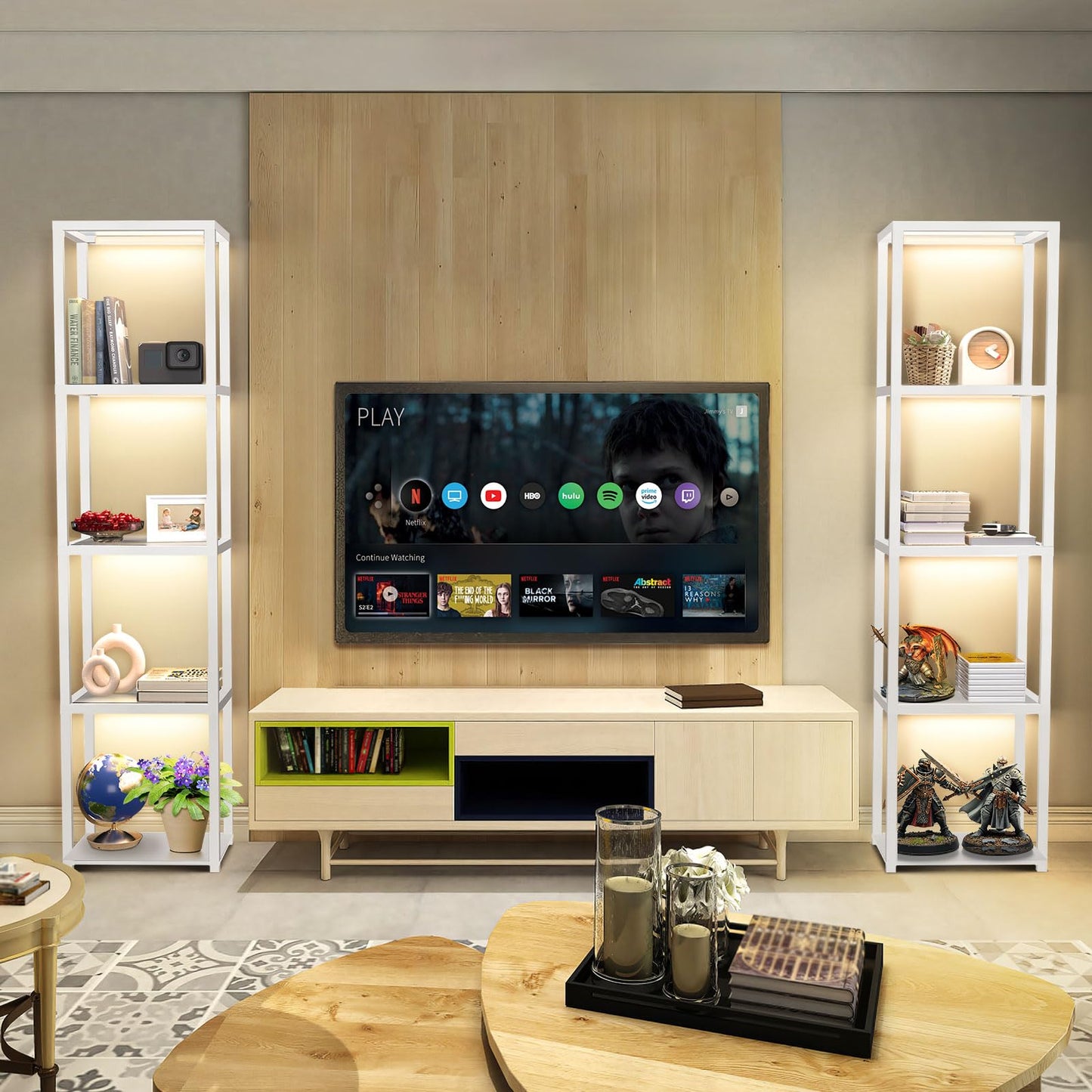 OUTON 67" Glass Display Shelf with Dimmable LED Floor Lamp, Collectibles Display Cabinet with Remote & App Control, 5 Tier Open Bookshelf Lamp for Living Room, Bedroom, Office, Home Decor, White