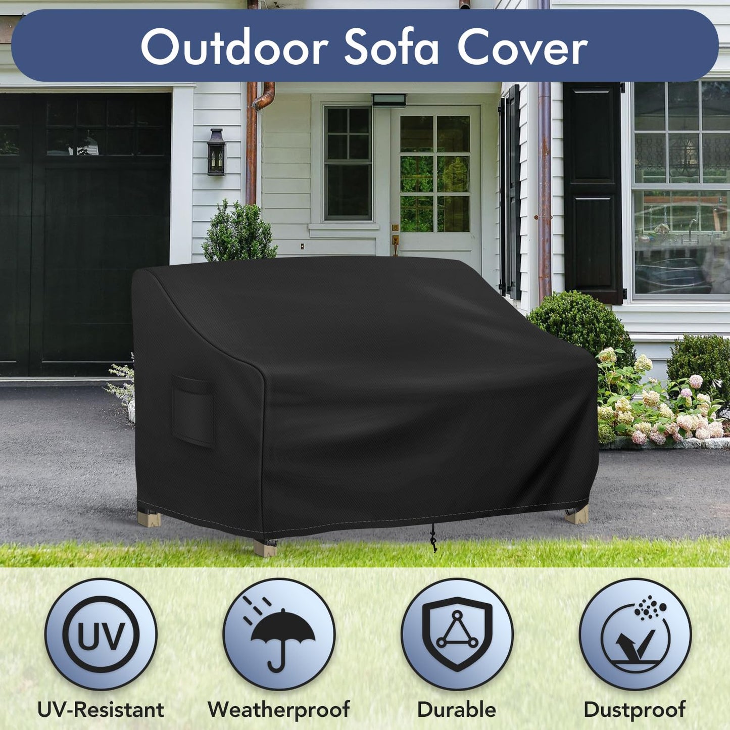 Richwon Outdoor Couch Cover Waterproof, 3-Seater Outdoor Sofa Cover, Patio Furniture Covers with Air Vent and Handles, 70W x 38D x 31H Inches, Black
