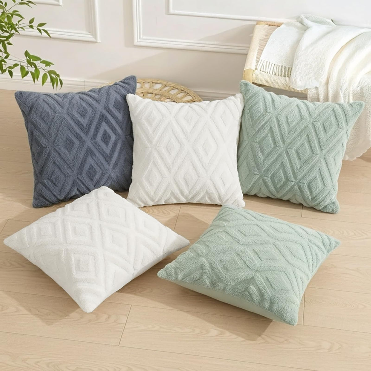Pallene Christmas Cream White Throw Pillow Covers 26x26 Set of 2, Soft Plush Faux Fur Decorative Couch Pillow Covers for Sofa Bed Living Room Pillow Cases with 3D Diamond Pattern