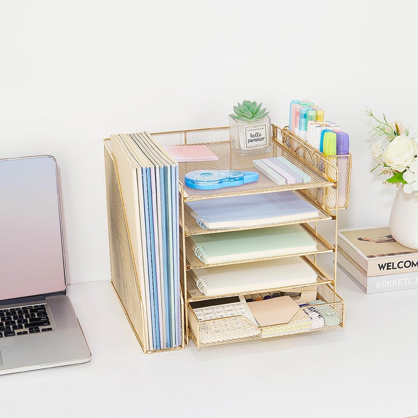 Gugsey Desk Organizers and Accessories, 5-Tier Paper Letter Tray Organizer with File Holder, Drawer & Pen Holder, Office Desk Accessories, Desktop Organizer for Classroom Office Supplies, Gold