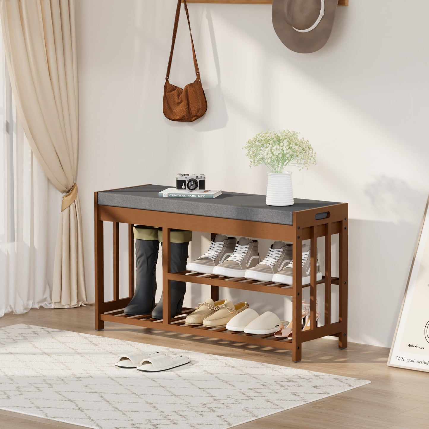 bambooflow Shoe Rack Bench with Cushion,2 Tiers Shoe Bench with Flip-Top Storage,Wood Shoe Rack for Entryway, Hallway, Bedroom, Front Door Entrance (Brown)