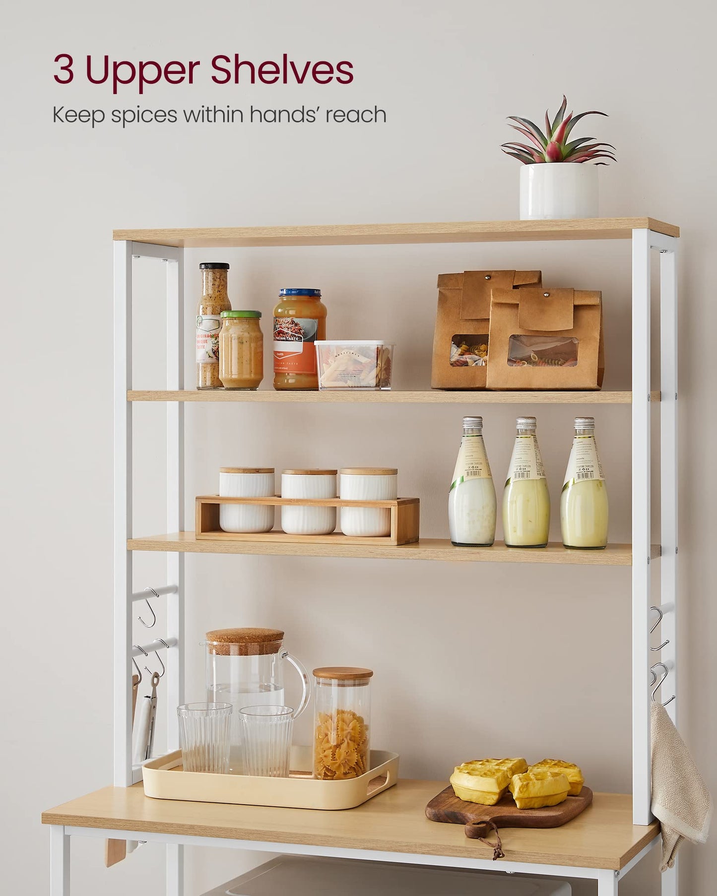 VASAGLE Coffee Bar, 31.5 Inches Baker's Rack for Kitchen with Storage, 6-Tier Kitchen Shelves with 6 Hooks, Microwave Stand, Modern, Golden Oak and Cloud White UKKS019W09