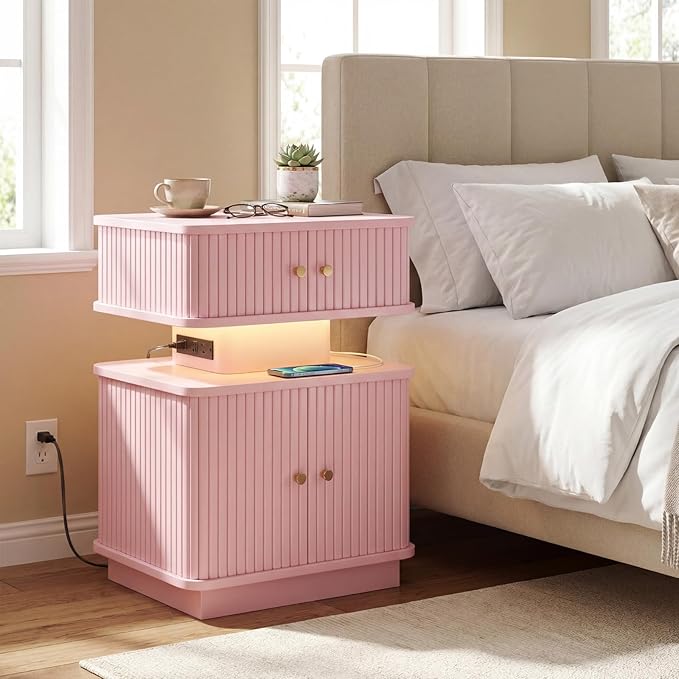 Nightstand with Charging Station, Modern Night Stand with Smart Led Light and 2