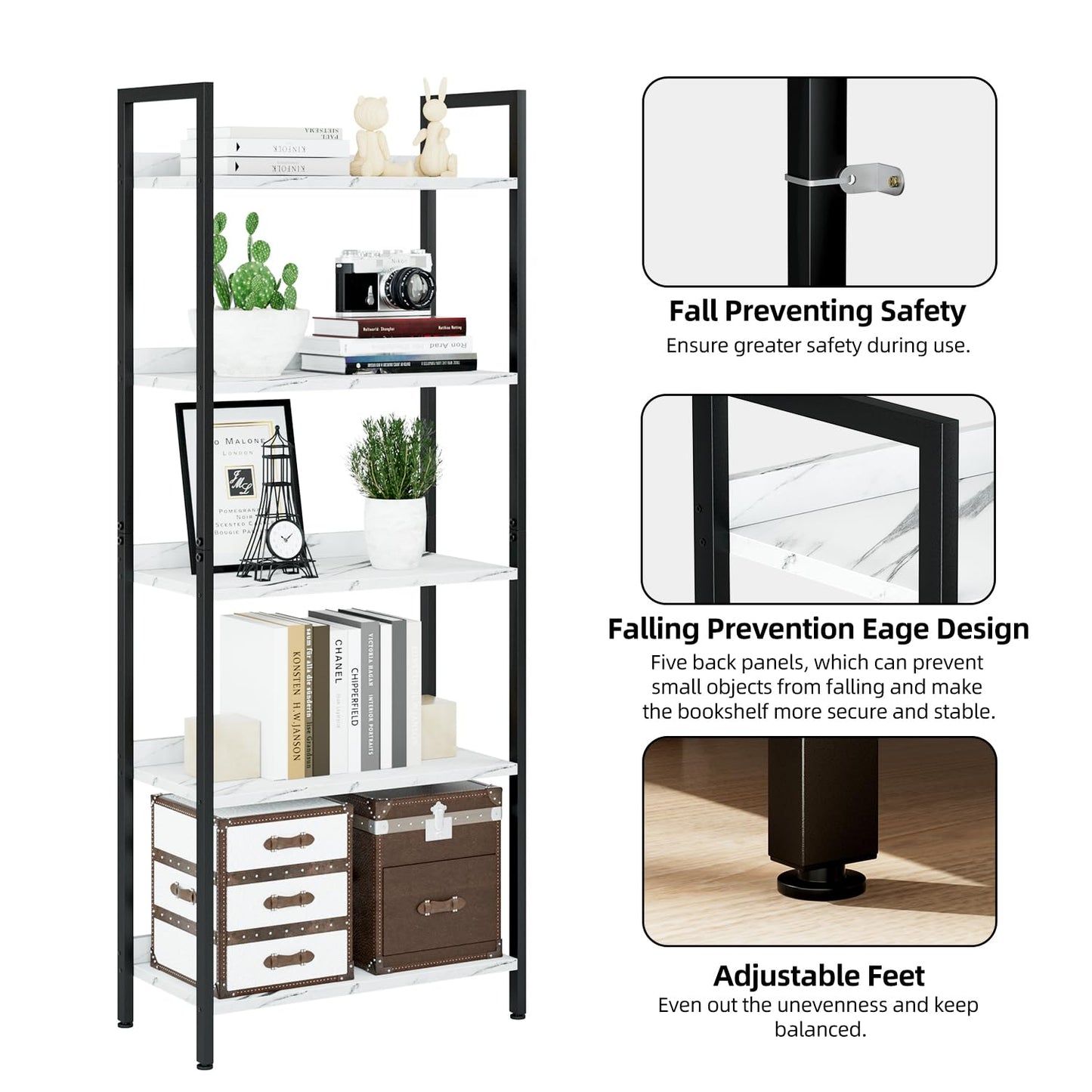 NUMENN Bookshelf, 5 Tier Bookshelves, Home Office Bookcase Shelf Storage Organizer, Free Standing Storage Shelving Unit for Bedroom, Living Room and Home Office, White Marble
