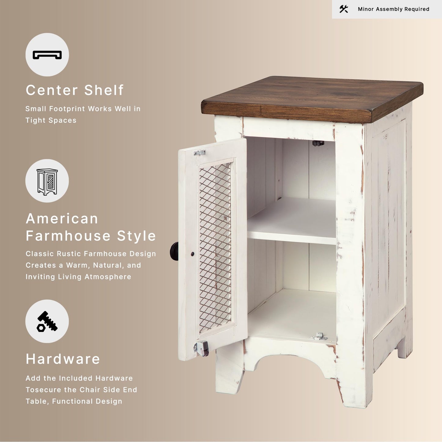 Signature Design by Ashley Wystfield Farmhouse Chair Side End Table with Cabinet Door for Storage, White & Brown with Distressed Finish