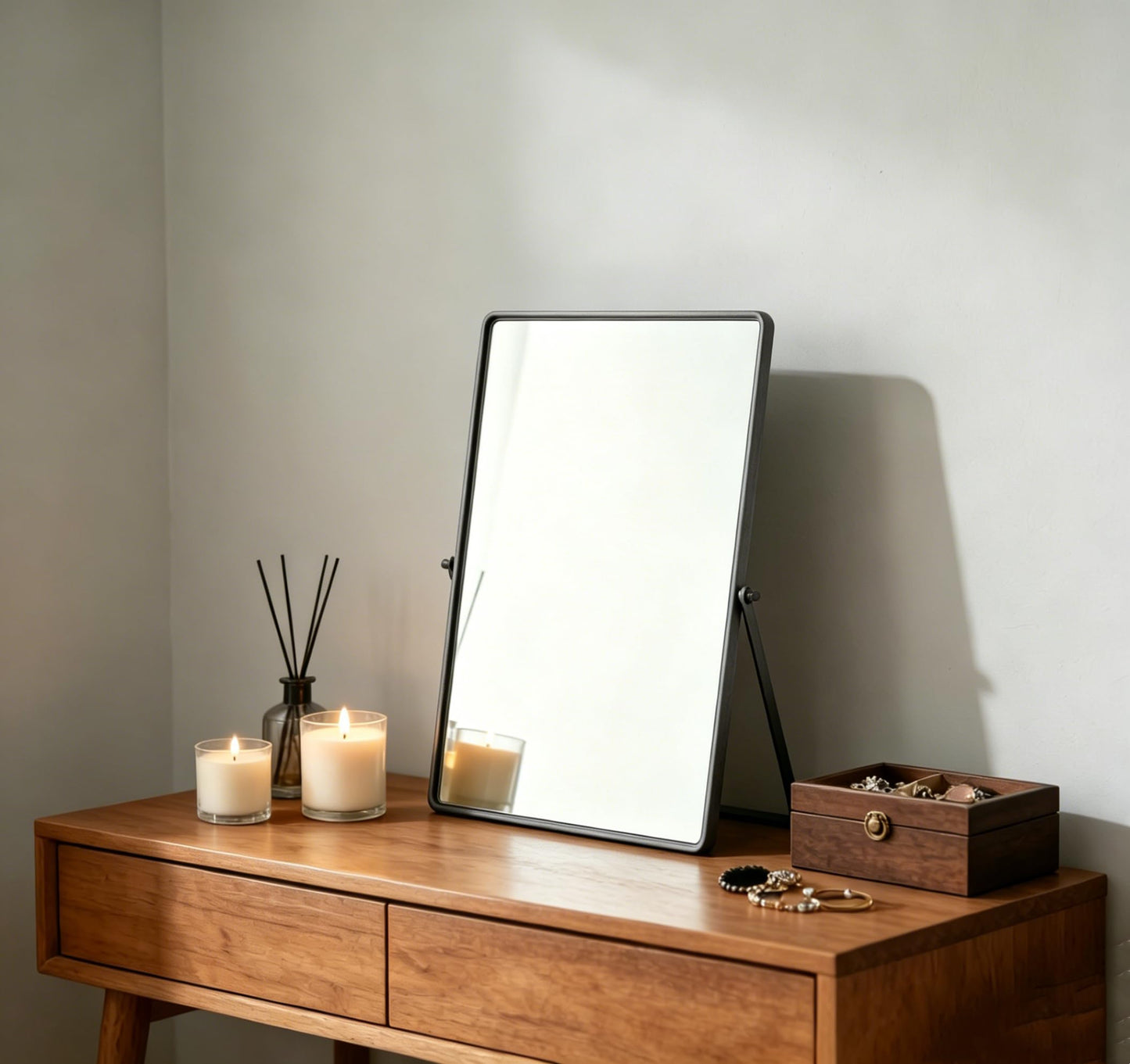 Feyarl Desktop Makeup Vanity Mirror 11.8 x 7.87 Inch Tabletop Mirror 90° Rotation Decorative Standing Cosmetic Mirror for Home Deco Bedroom Bathroom Desk Dresser (Gunmetal Black)