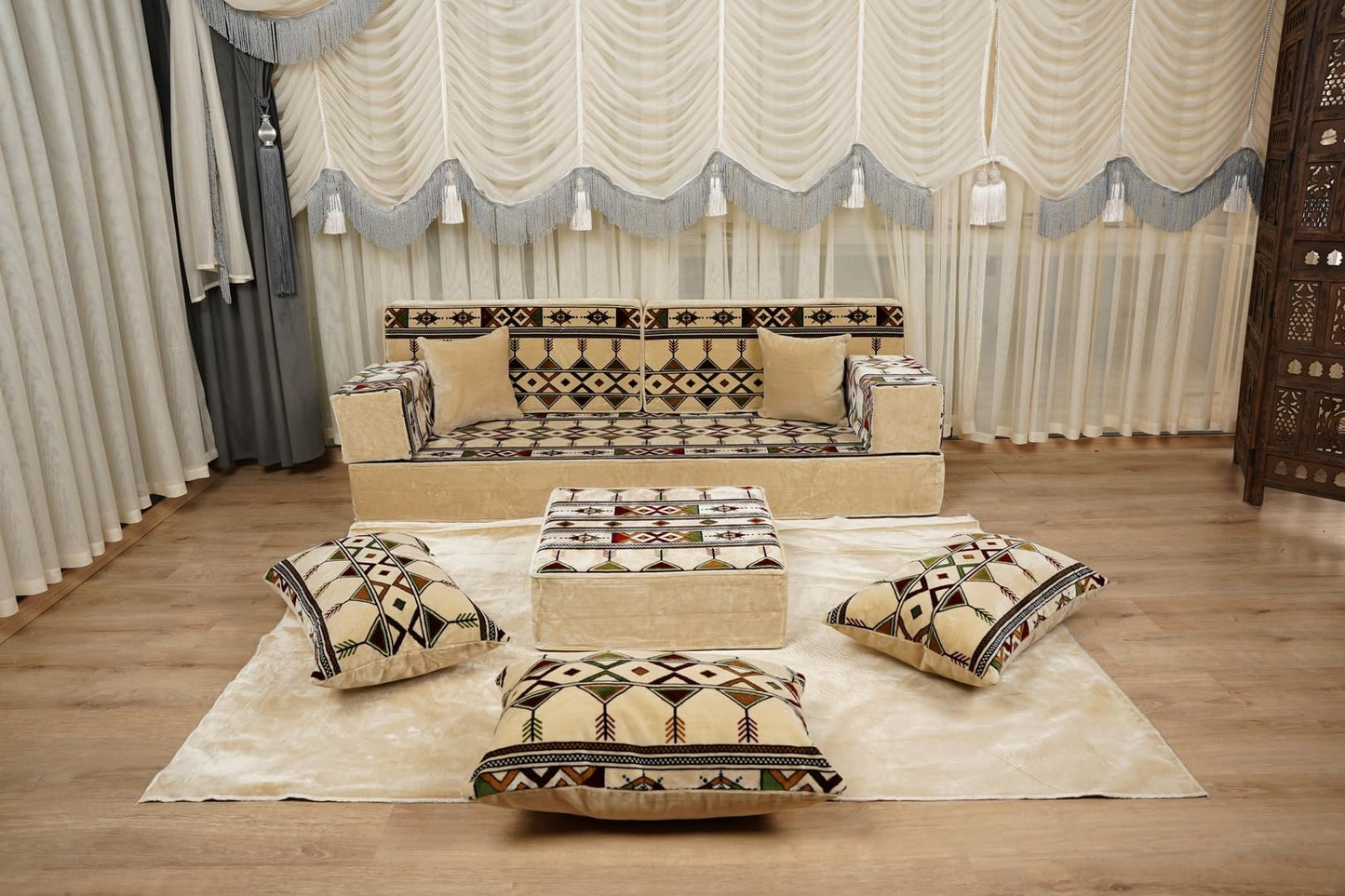 arabicsofa White Modular Diwan Sectional Seating – Arabic Jalsa Sofa Set with Cushions, Handmade Lounge Sofa for Living Room (Royal White Sprinkles, 8'' Single Full Set)