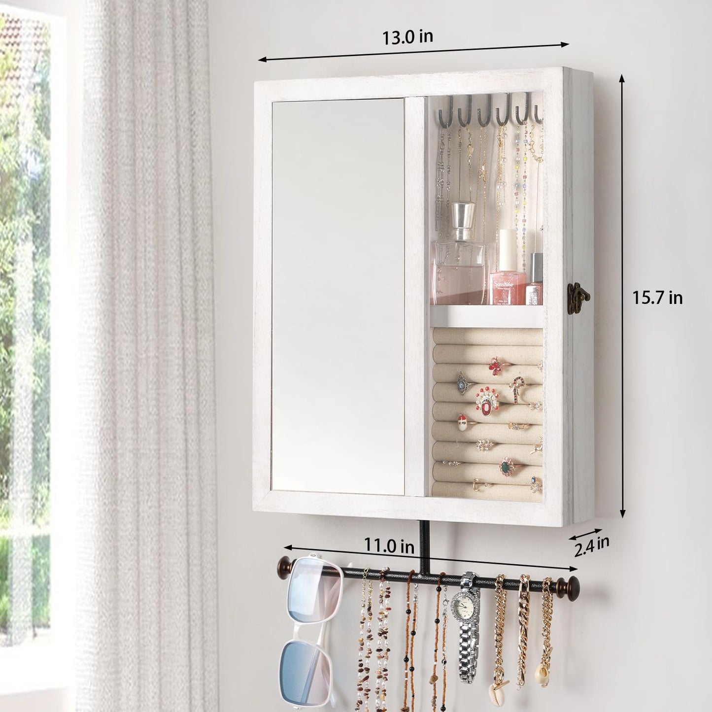 Keebofly Wall Jewelry Organizer Cabinet with Mirror,Rustic Wood Storage for Necklaces, Earrings, Bracelets & Rings, Large-Capacity Hanging Cabinet – White