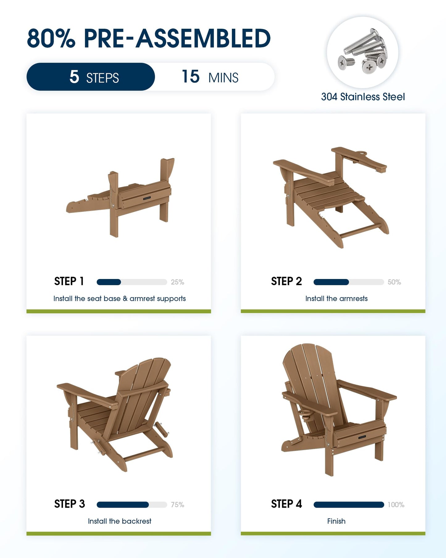 MUCHENGHY Folding Adirondack Chairs, Patio Chairs, Lawn Chairs, Outdoor Chair, Adirondack Chair Plastic, Fire Pit Chairs, Weather Resistant with Cup Holder for Deck, Backyard, Garden(Teak)