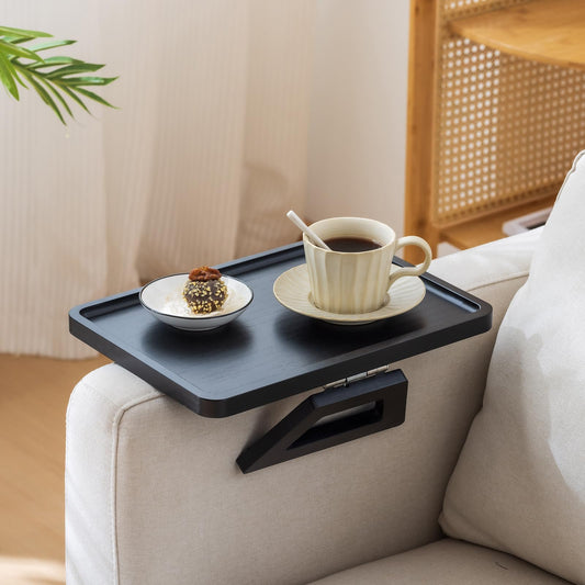 Bamboo Sofa Arm Tray Table, Foldable Clip-on Side Table, Wide Couch Cup Holder (Black)