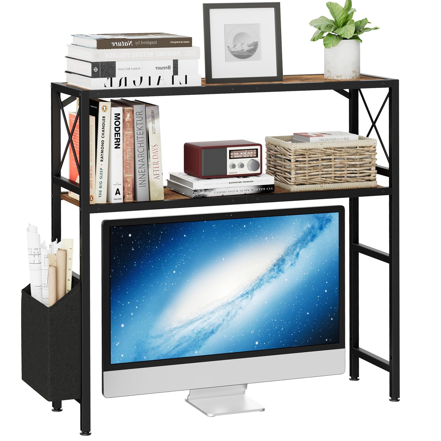 LAND·VOI Desk Shelf, 2 Tires Desktop Bookshelf, 31.9 Inchs Desk Hutch for Computer Monitor, Wood Desktop Display Rack, Adjustable Height Desk Organizer Shelf, for Home, Office, Dorm, Black EDS11BR01