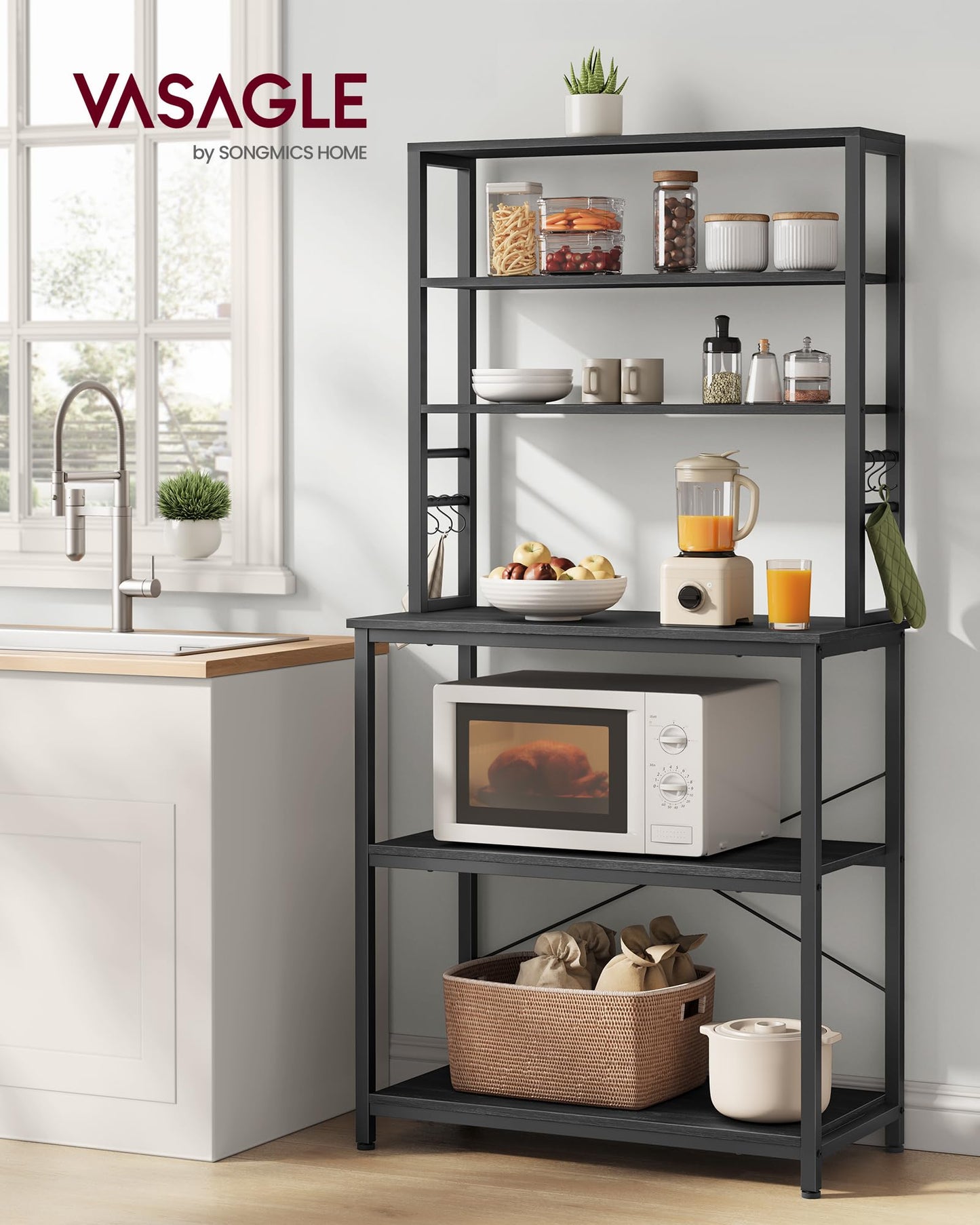 VASAGLE Coffee Bar, 31.5 Inches Baker's Rack for Kitchen with Storage, 6-Tier Kitchen Shelves with 6 Hooks, Microwave Stand, Industrial, Charcoal Gray and Ink Black UKKS019B22