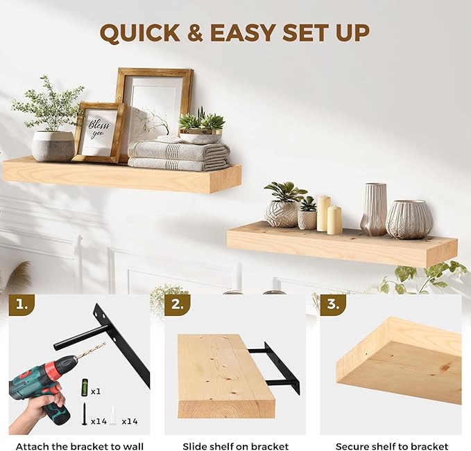 24x8x1.6 inch Floating Shelves Set of 2 – Solid Wood Rustic Wood Wall Mounted