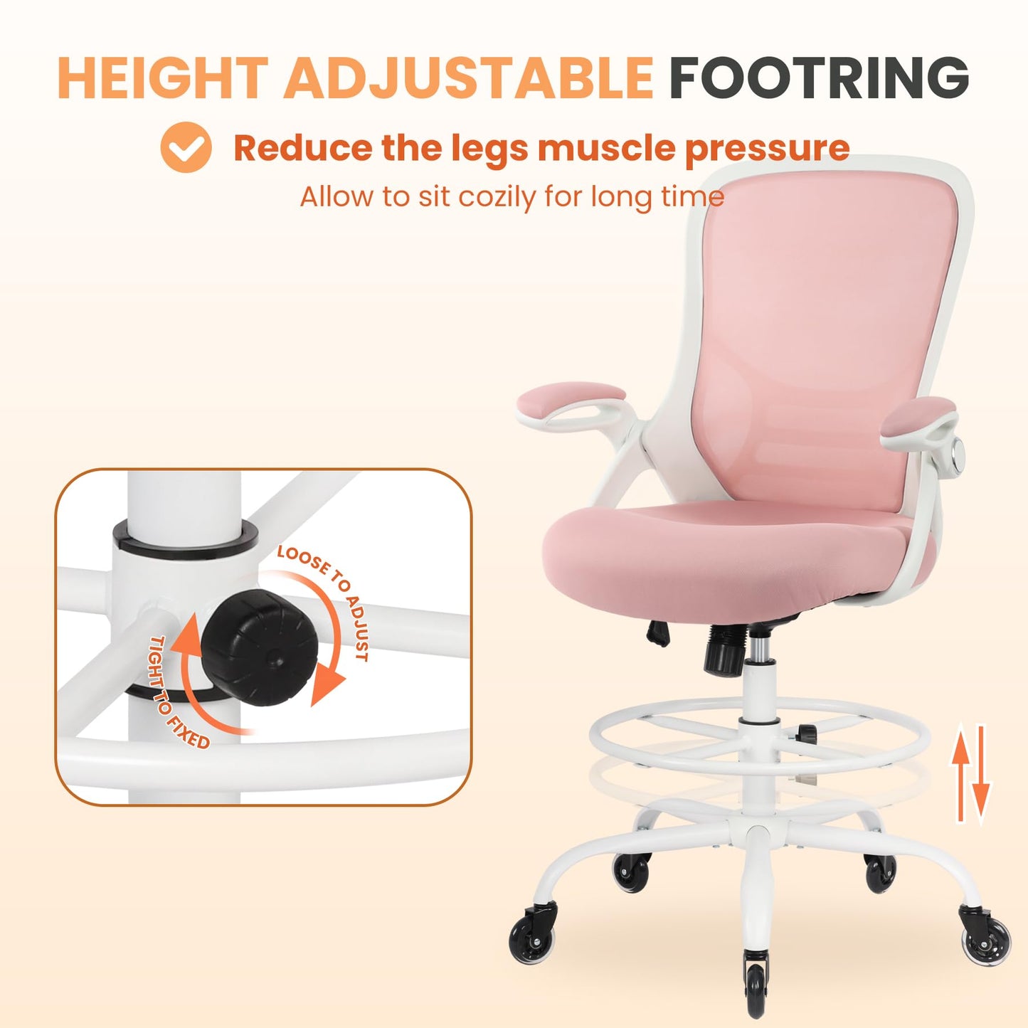 HYLONE Drafting Chair Tall Office, Ergonomic Standing Desk Stool Adjustable Big and Tall Drafting Office Chair with Flip-Up Armrests, Mesh, Pink