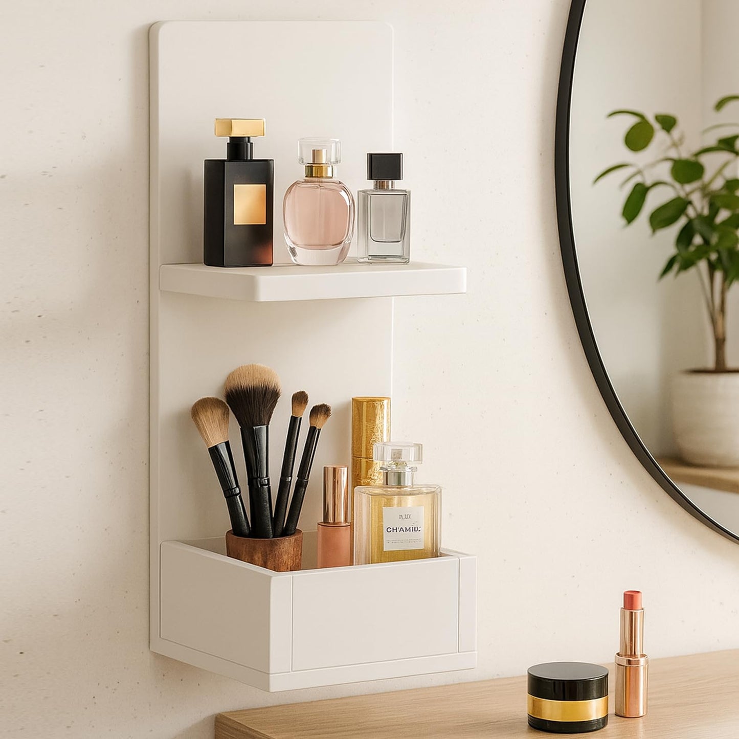 POCURBAN 2-Tier White Floating Wall Shelf, 20x8x6 Wall-Mounted Wooden Beside Shelf/Nightstand for Home Décor, Plants, Cosmetics, Bathroom, Kitchen, Bedroom Storage (White with Box)