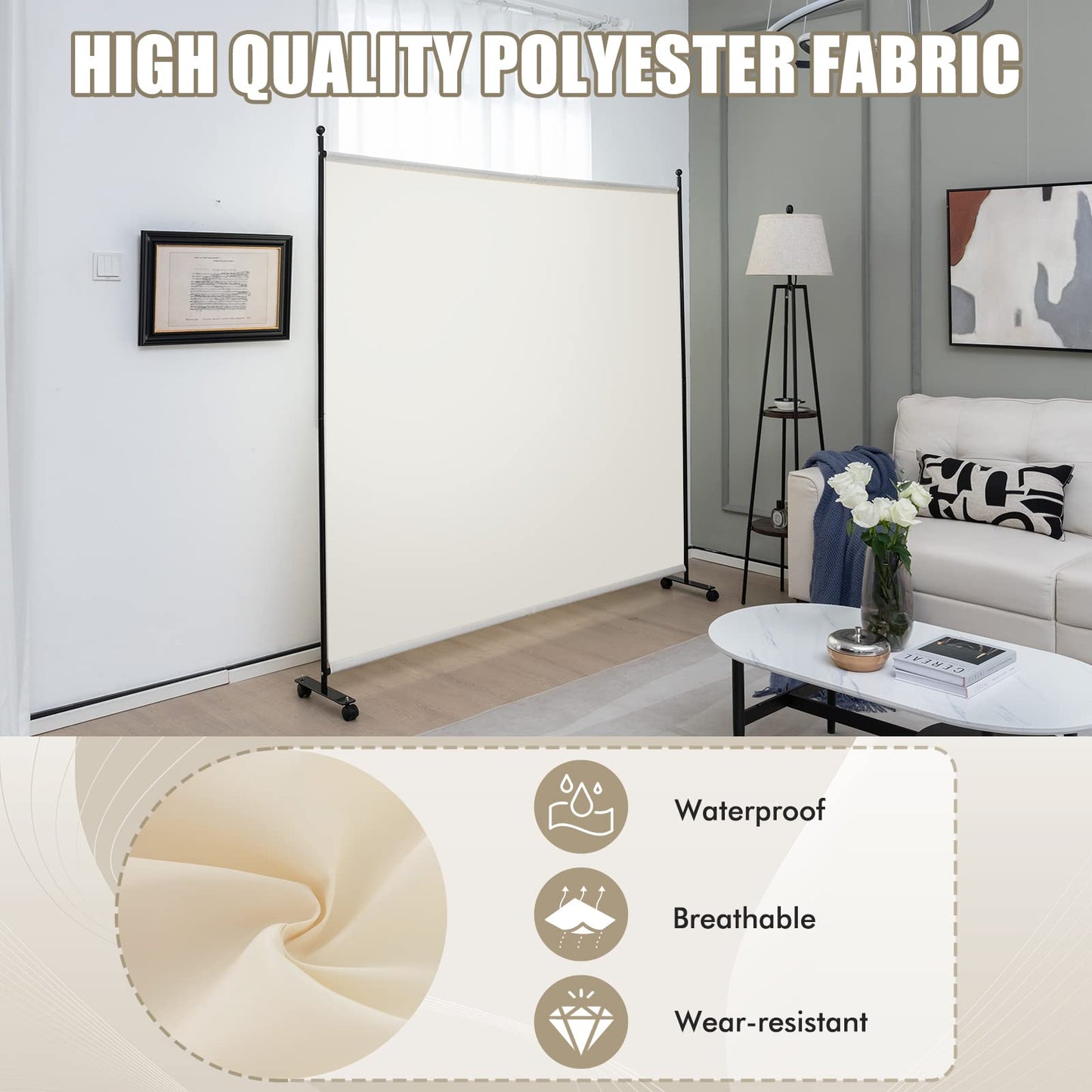 GOFLAME 6FT Single Panel Room Divider, Wide Rolling Privacy Screen with Lockable Wheels, Portable Room Partition Screen, Freestanding Wall Divider and Separator for Home Office, White